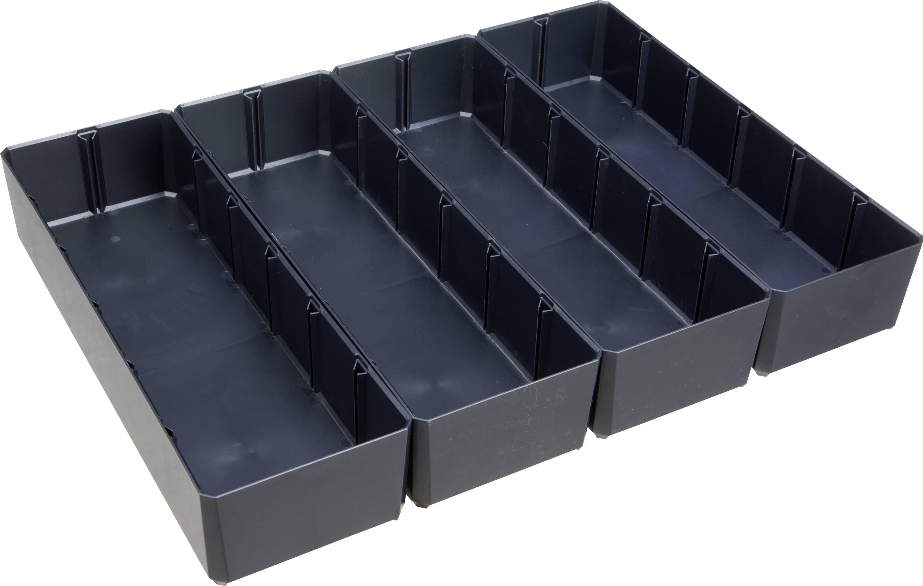 Contenitori in plastica nera rettangolari disposti in una configurazione 2x4 per organizzare o conservare piccoli oggetti.