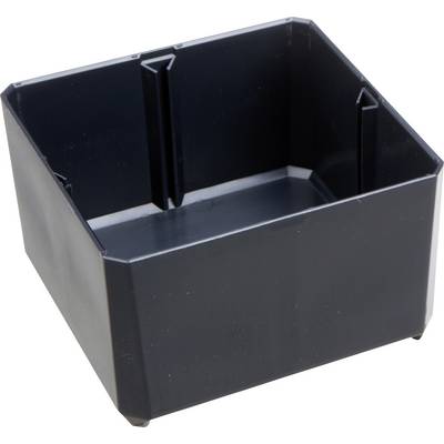 Un contenitore rettangolare nero in plastica con bordi lisci e parte superiore aperta.