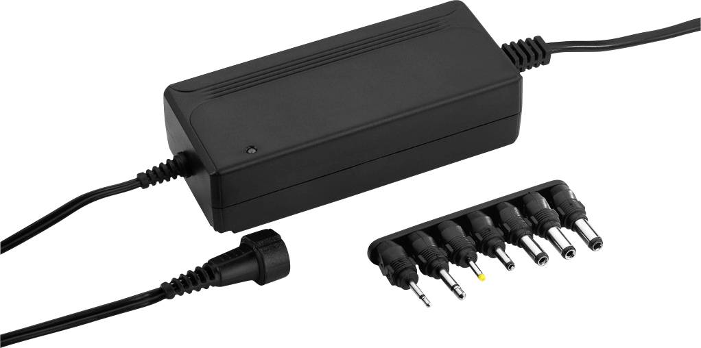 Alimentatore nero con spine intercambiabili, adatto per diversi dispositivi elettronici.