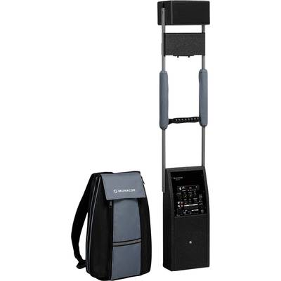 Sistema audio portatile con unità altoparlante e comandi accanto a una borsa da trasporto. Adatto per diffusioni audio mobili.