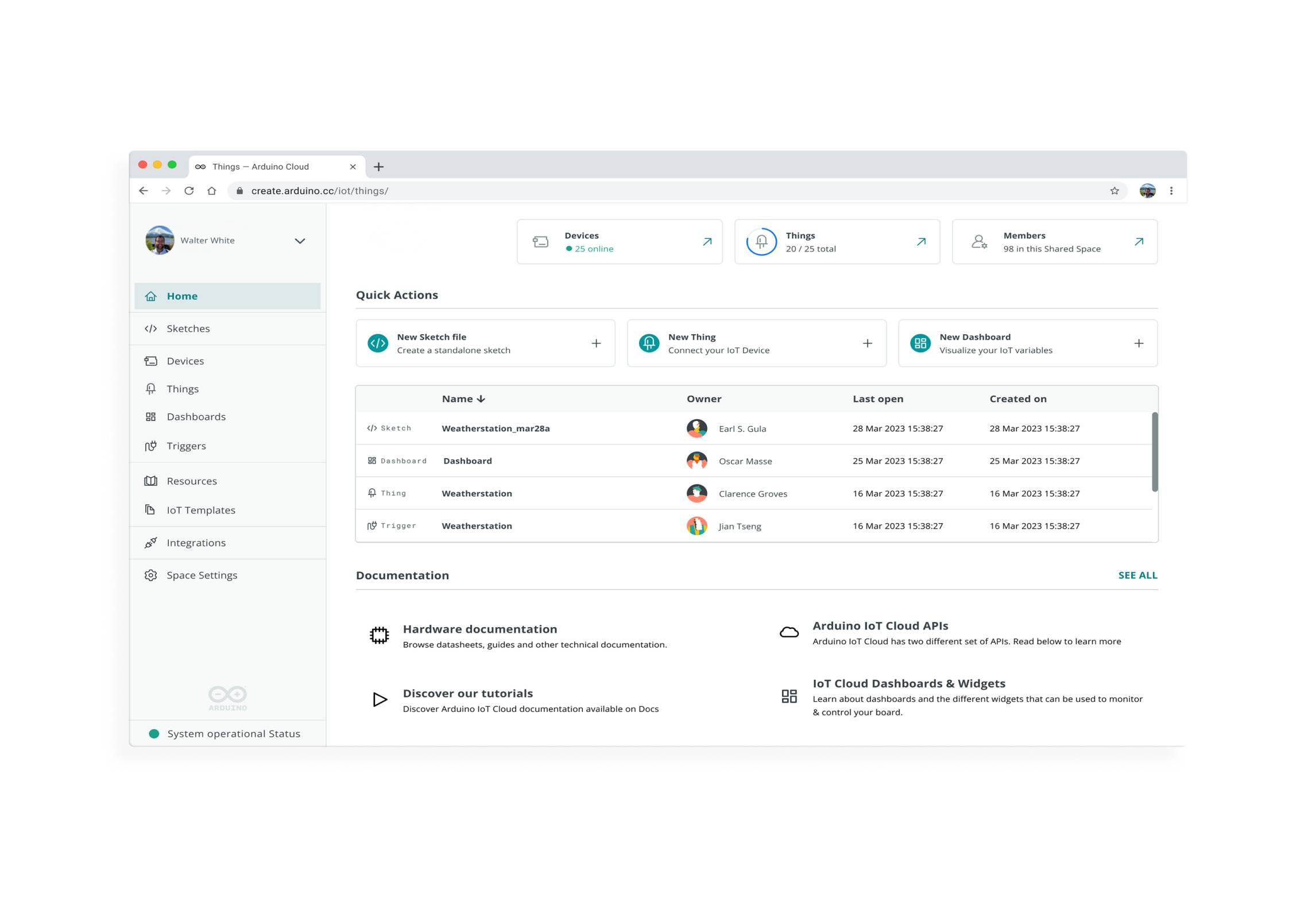 Una finestra del browser web mostra un dashboard con schede per 'Servizi', 'Dispositivi', 'Dashboard', 'Membri'. Elenco di azioni degli oggetti e documentazioni.