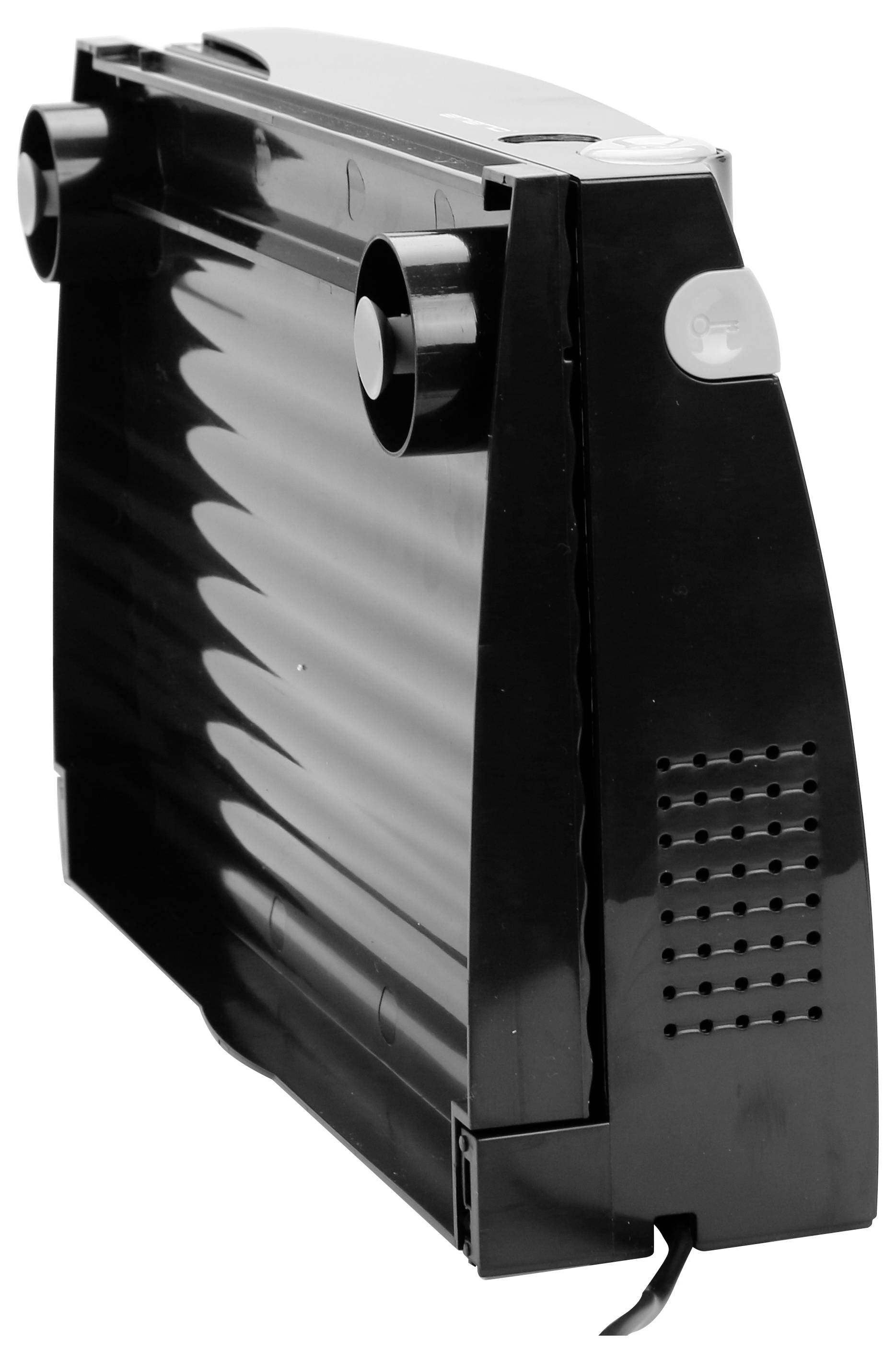 Un radiatore elettrico nero di profilo, con design a coste e manopole di regolazione su entrambi i lati.