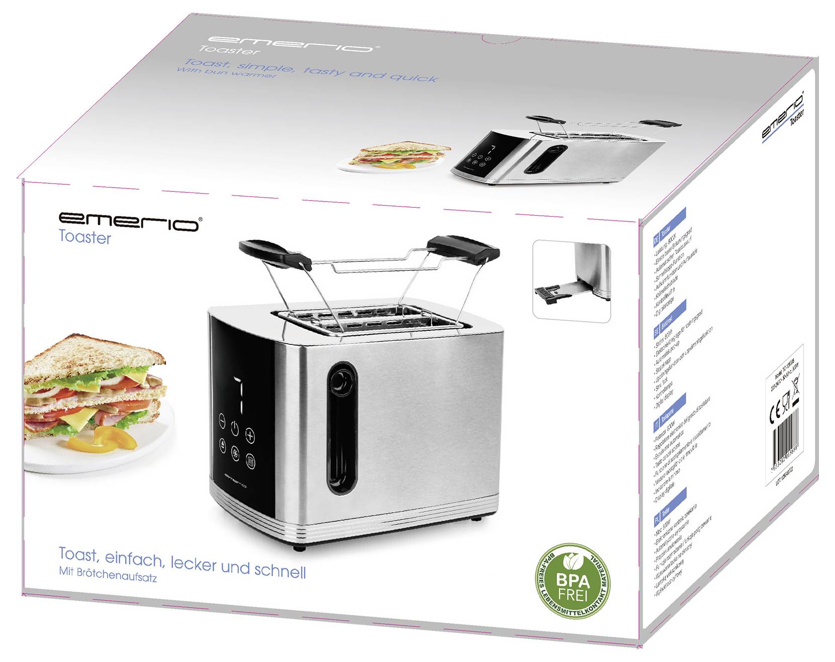 Tostapane con display digitale sulla confezione; pubblicizzato con 'Toast, semplice, gustoso e veloce'. Include supporto per panini, privo di BPA.