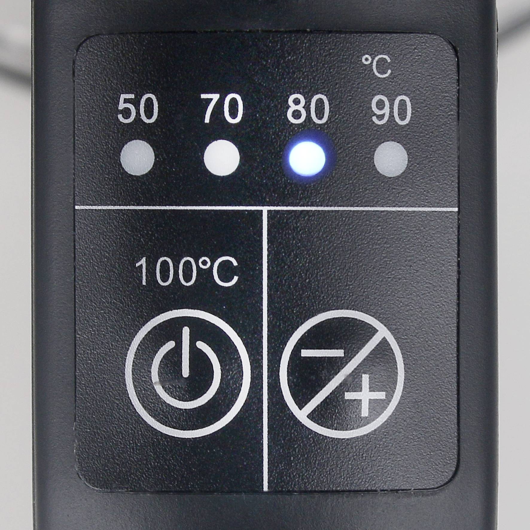 Interruttore di temperatura con display LED, mostra attivato a 80°C, opzioni per 50°C, 70°C, 90°C, tasti di accensione e impostazione sotto.