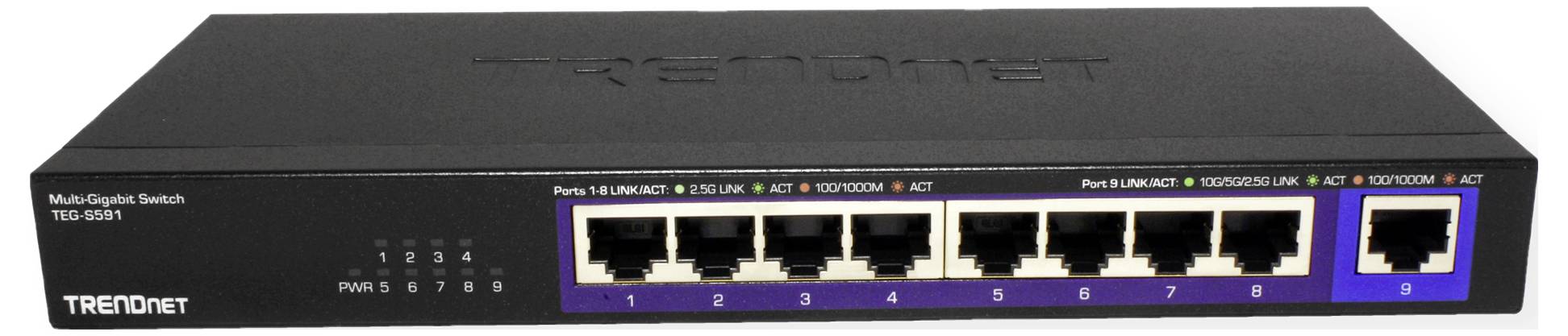 Switch Ethernet a 8 porte con indicatori LED per l'attività di rete. Custodia nera con pannello di controllo blu e bianco.