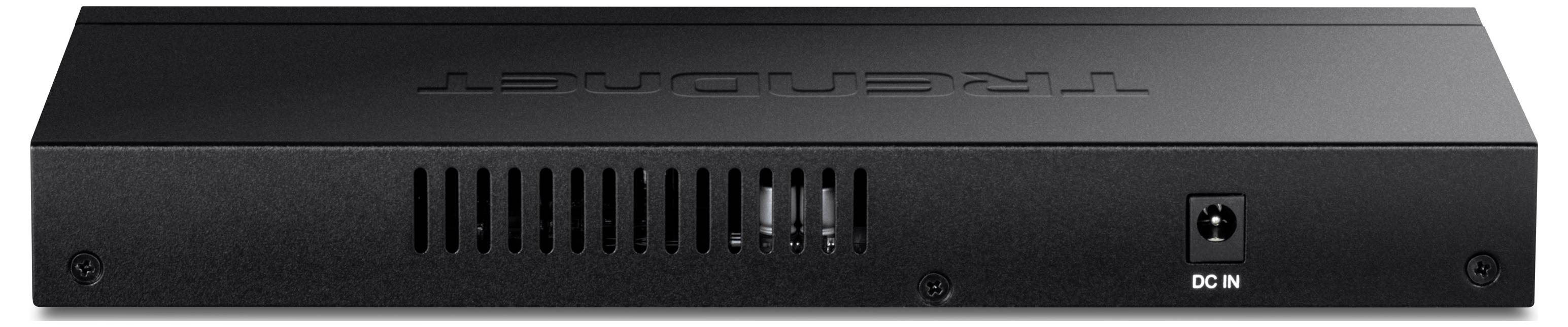 Dispositivo di rete nero con fessure di ventilazione e connettore di alimentazione sul retro.