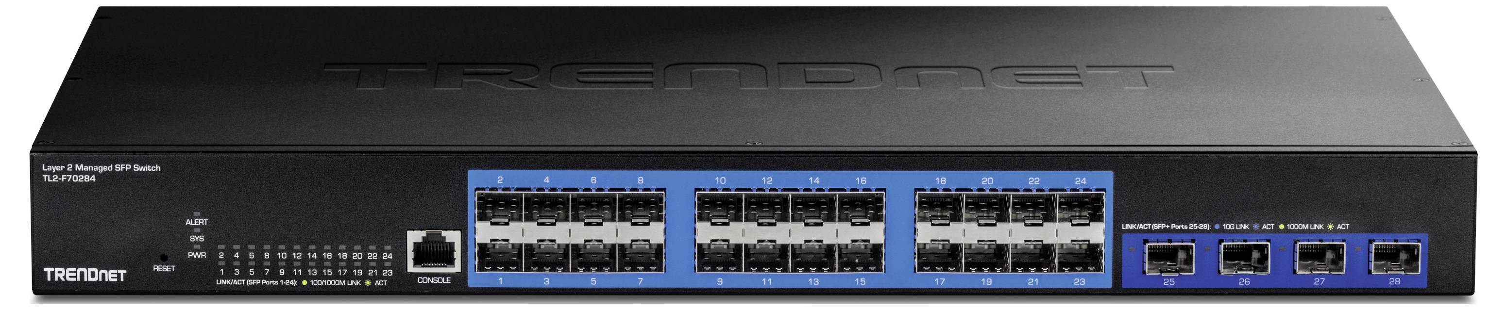 Switch di rete con 48 porte e spazio aggiuntivo per quattro connessioni in fibra ottica su sfondo blu; marca TRENDnet.