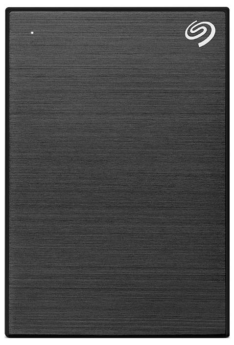Hard disk esterno con superficie opaca nero-carbone e piccolo logo Seagate in alto a destra.