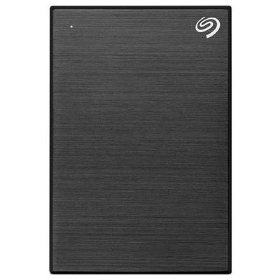 Hard disk esterno con superficie opaca nero-carbone e piccolo logo Seagate in alto a destra.
