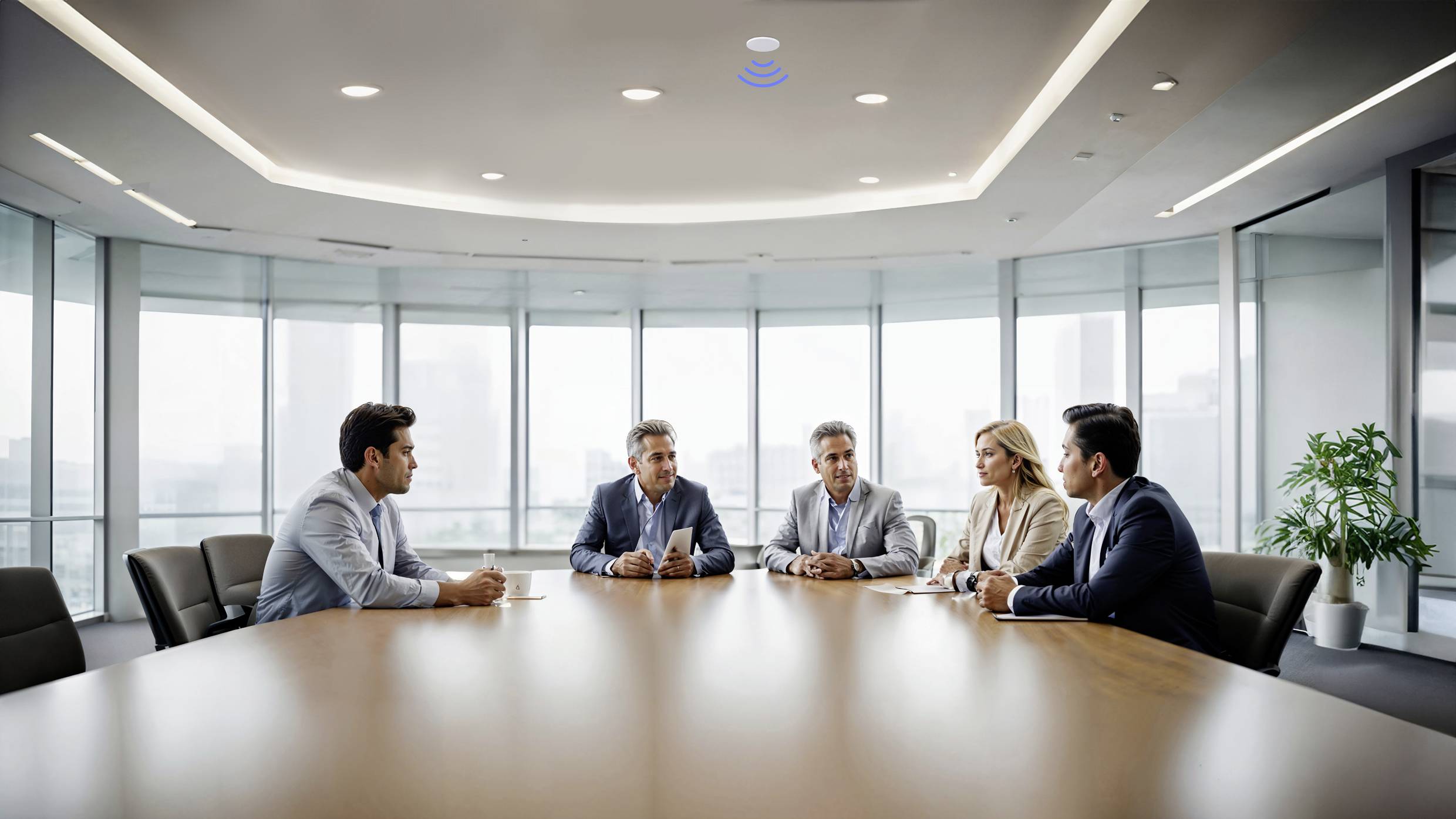 Cinque persone sono sedute intorno a un tavolo da conferenza in un ufficio moderno con grandi finestre. Stanno discutendo in un ambiente professionale.