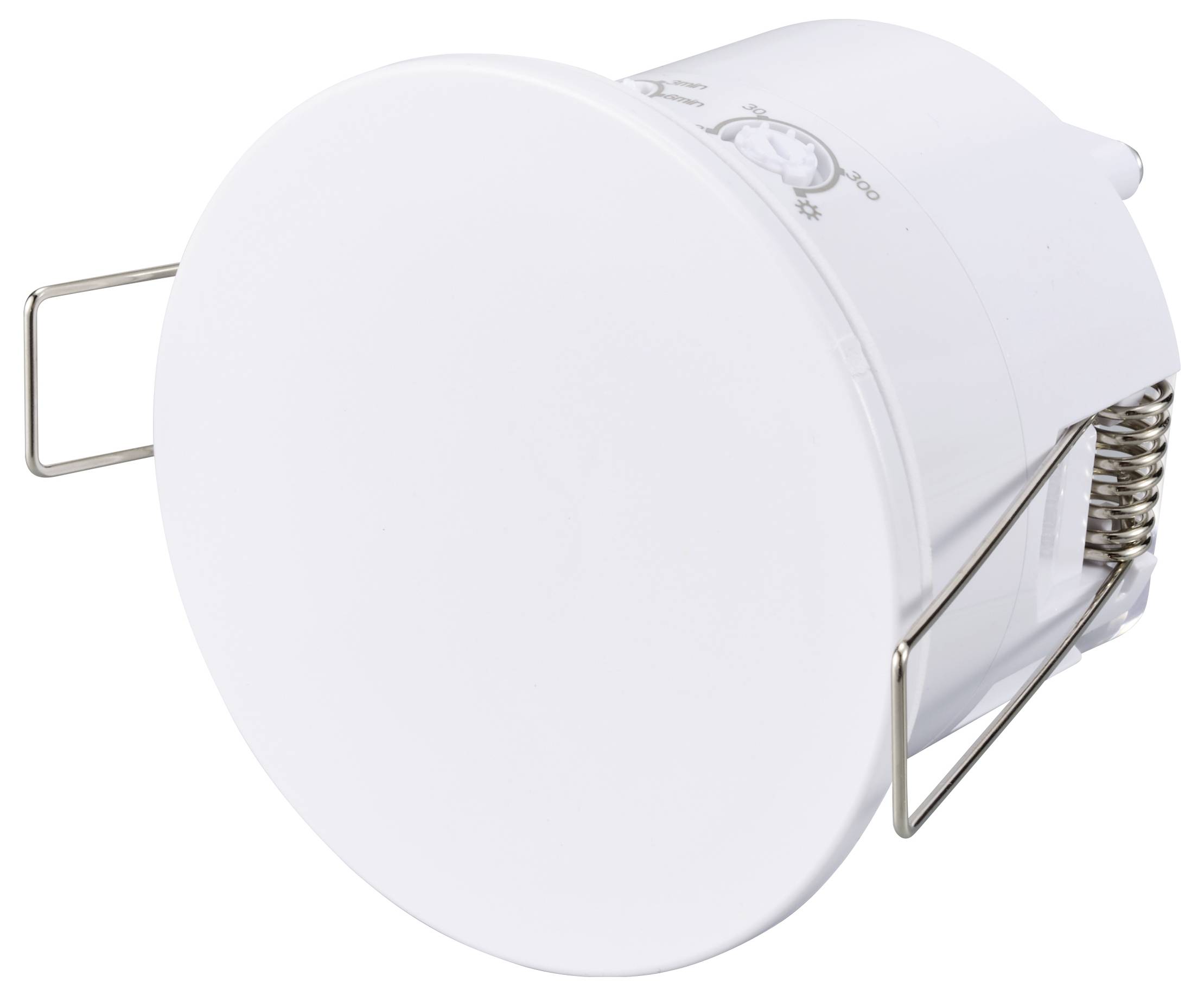 Un proiettore da soffitto rotondo, bianco, con morsetti metallici per il fissaggio. Ideale per l'installazione nei soffitti per l'illuminazione.