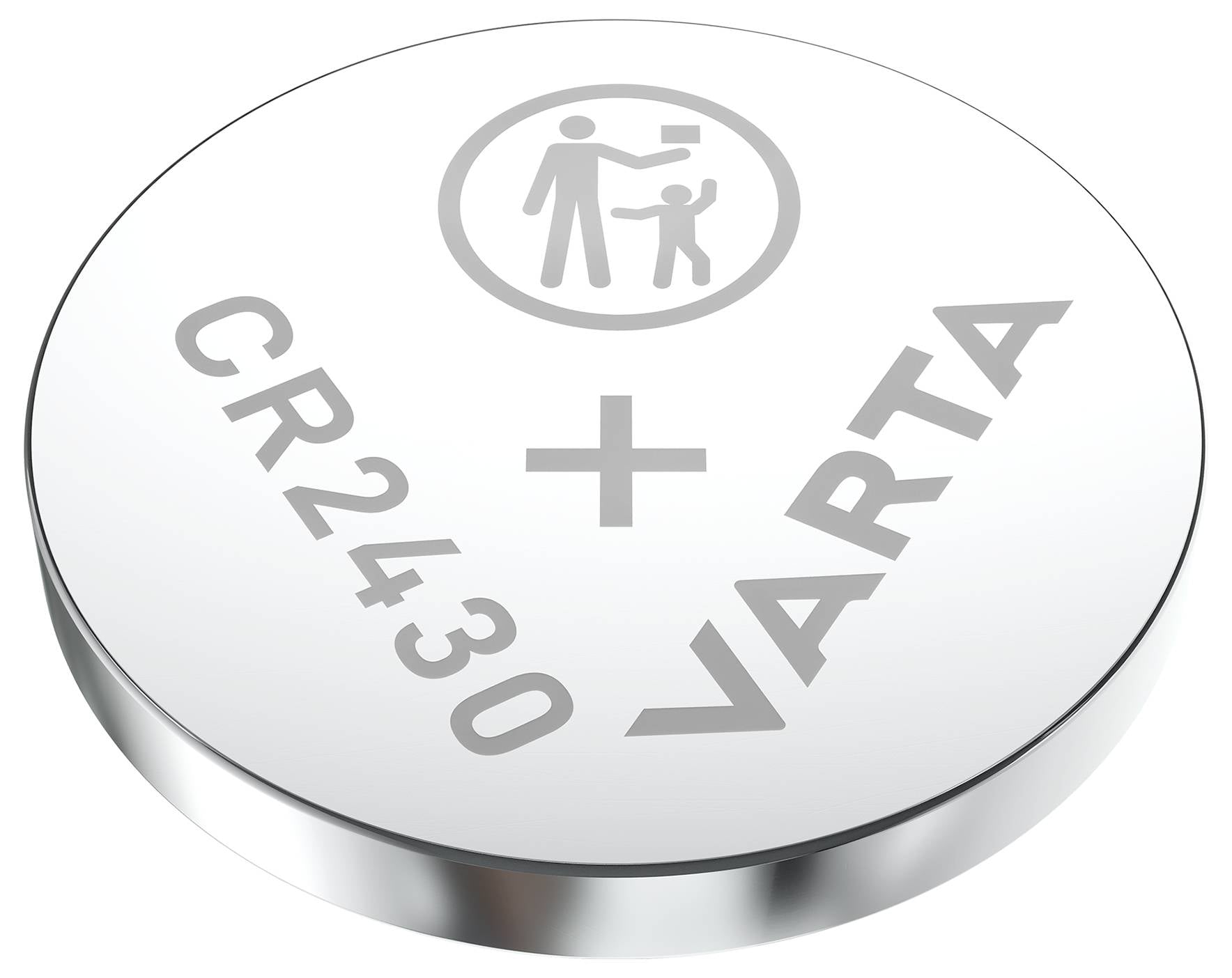 Una pila a bottone con l'iscrizione 'CR2430' e 'VARTA', simbolo del pericolo per i bambini.