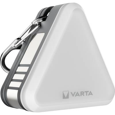 Lampada triangolare bianca con bordo grigio e moschettone, con il logo Varta. Sembra portatile.