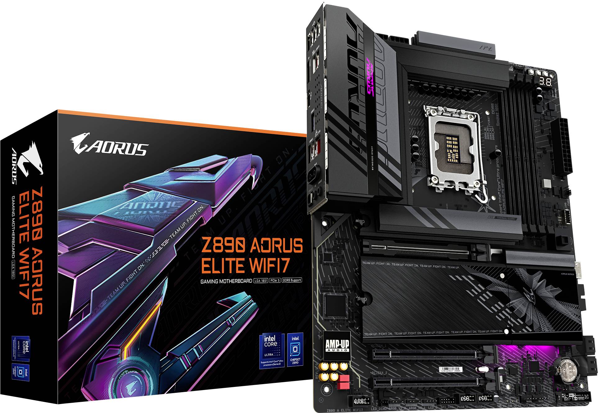Scheda madre da gaming Z590 AORUS ELITE WIFI 7 con design futuristico, evidenziata da un packaging colorato. Caratteristica principale: connettività avanzata.
