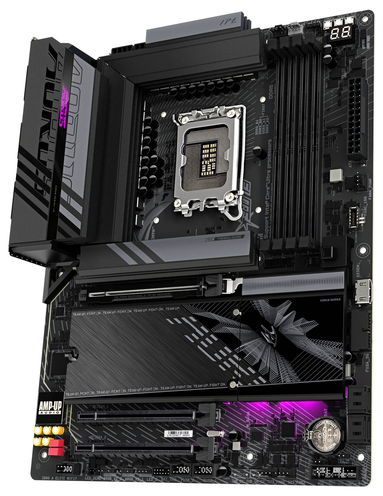 Una scheda madre per computer con socket CPU, diversi slot per RAM e slot di espansione. Sono visibili elementi di illuminazione.