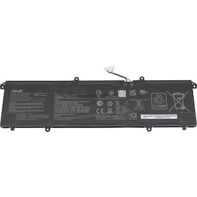Una batteria agli ioni di litio nera con simboli di sicurezza e informazioni del produttore, adatta a un modello di laptop ASUS.