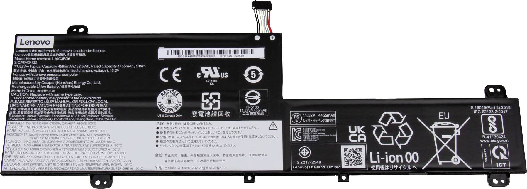 Batteria agli ioni di litio Lenovo con avvisi di sicurezza e loghi di certificazione.