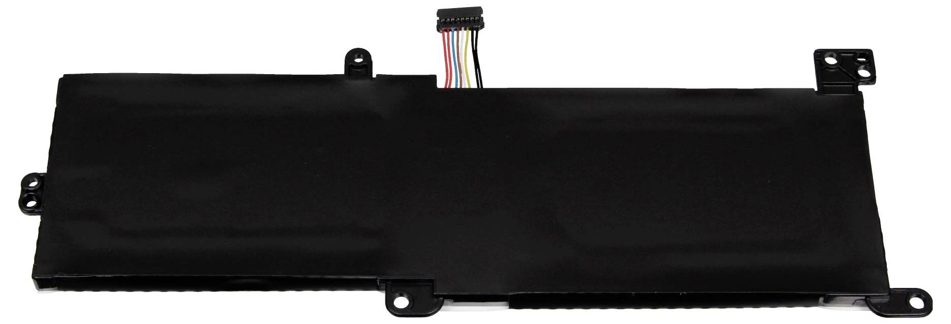 Batteria per laptop nera con connettore colorato, forma rettangolare, piatta. Adatta per riparazione tecnica o sostituzione.