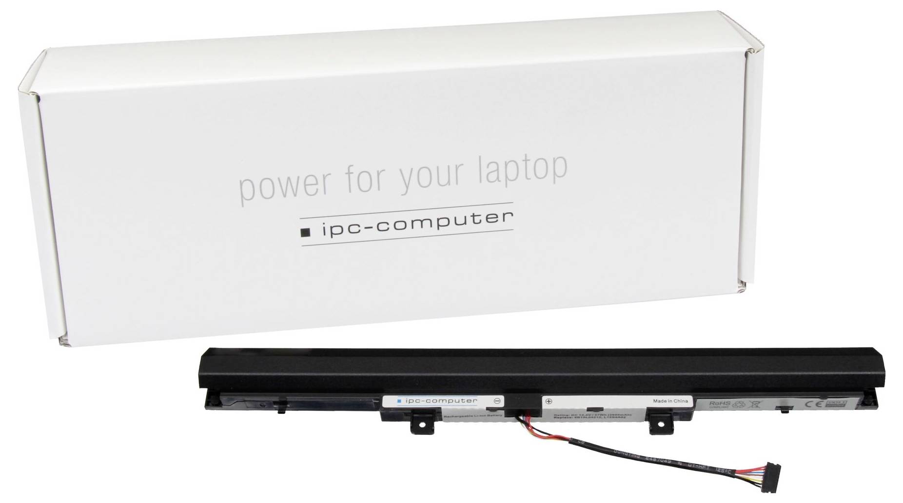 Batteria per laptop su sfondo bianco con confezione di 'ipc-computer'. Testo sulla confezione: 'energia per il tuo laptop'.
