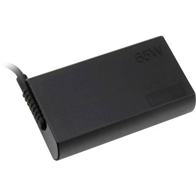 Un alimentatore nero con la scritta '65W' indica la potenza. Ha un cavo fissato saldamente su un lato.