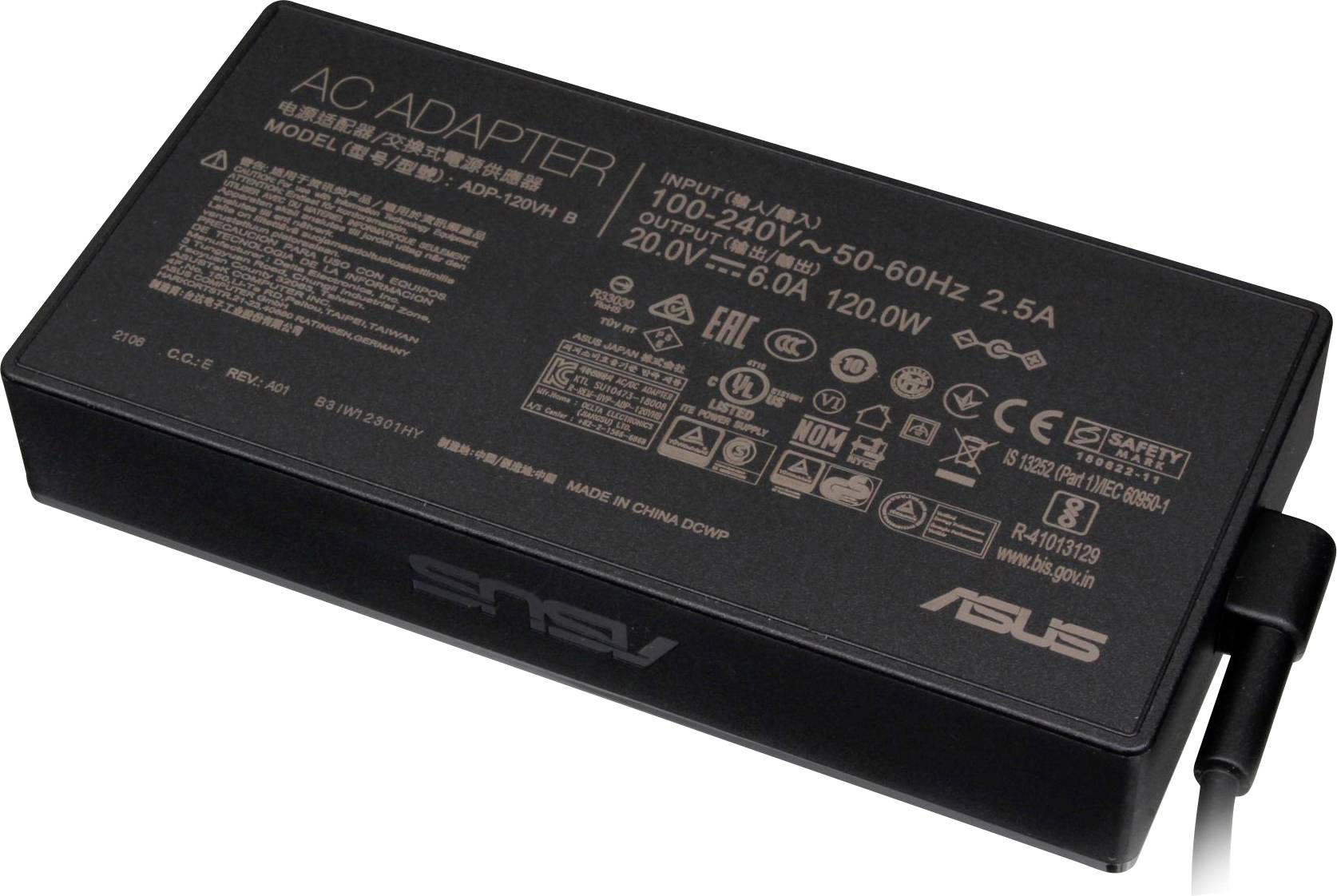 Alimentatore nero ASUS da 120W. Mostra specifiche tecniche ed etichette di sicurezza sulla parte superiore.