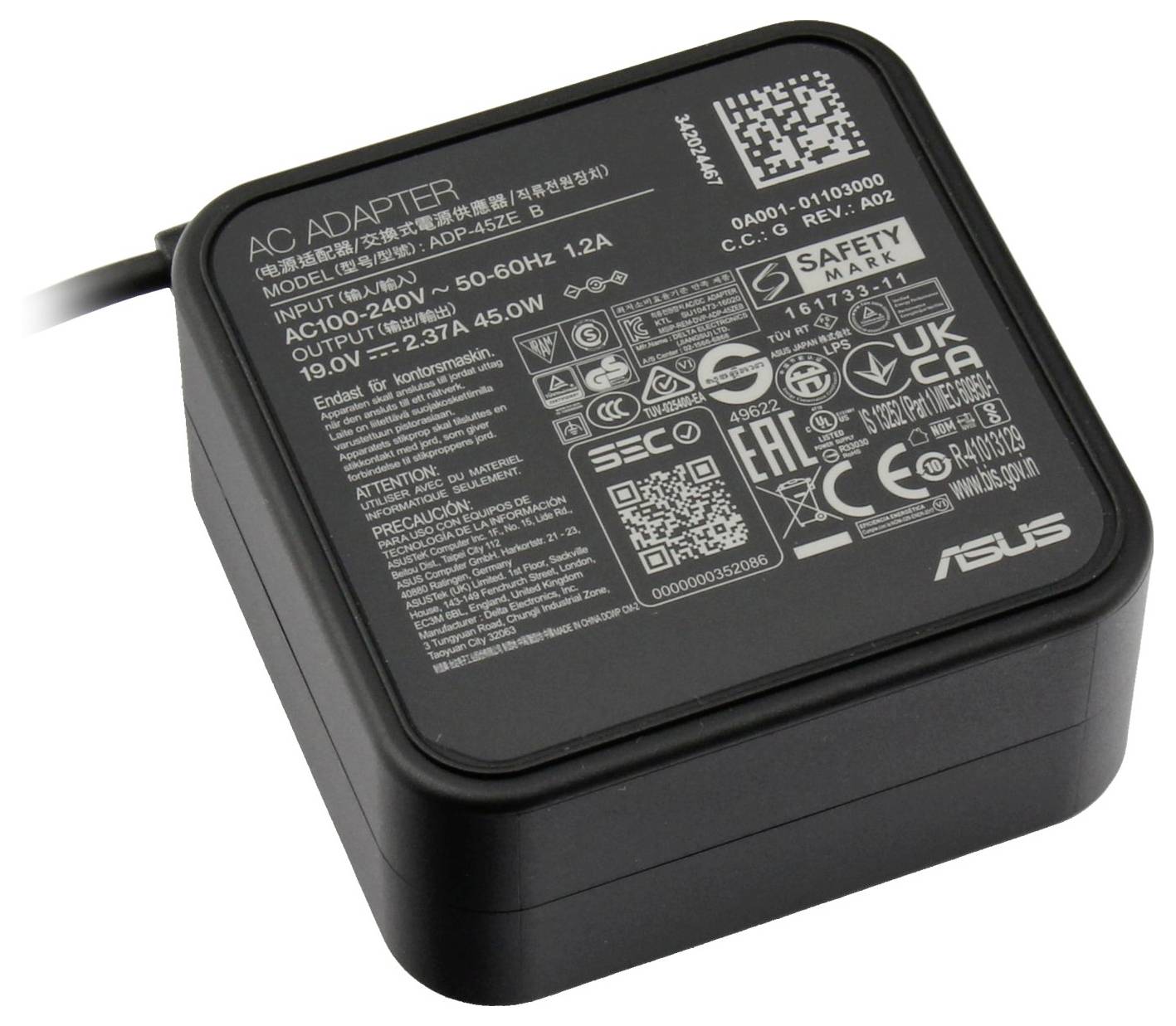 'Alimentatore nero ASUS con specifiche tecniche e simboli di sicurezza sulla parte superiore. Modello: ADP-65JH AB, Uscita: 19V, 3,42A.'