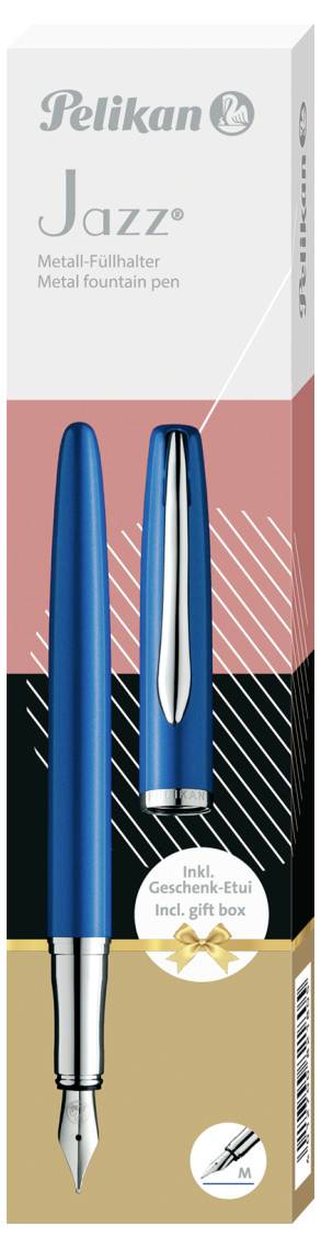 La confezione di una penna stilografica Pelikan Jazz in metallo. Immagine della penna stilografica blu e della sua scatola regalo.