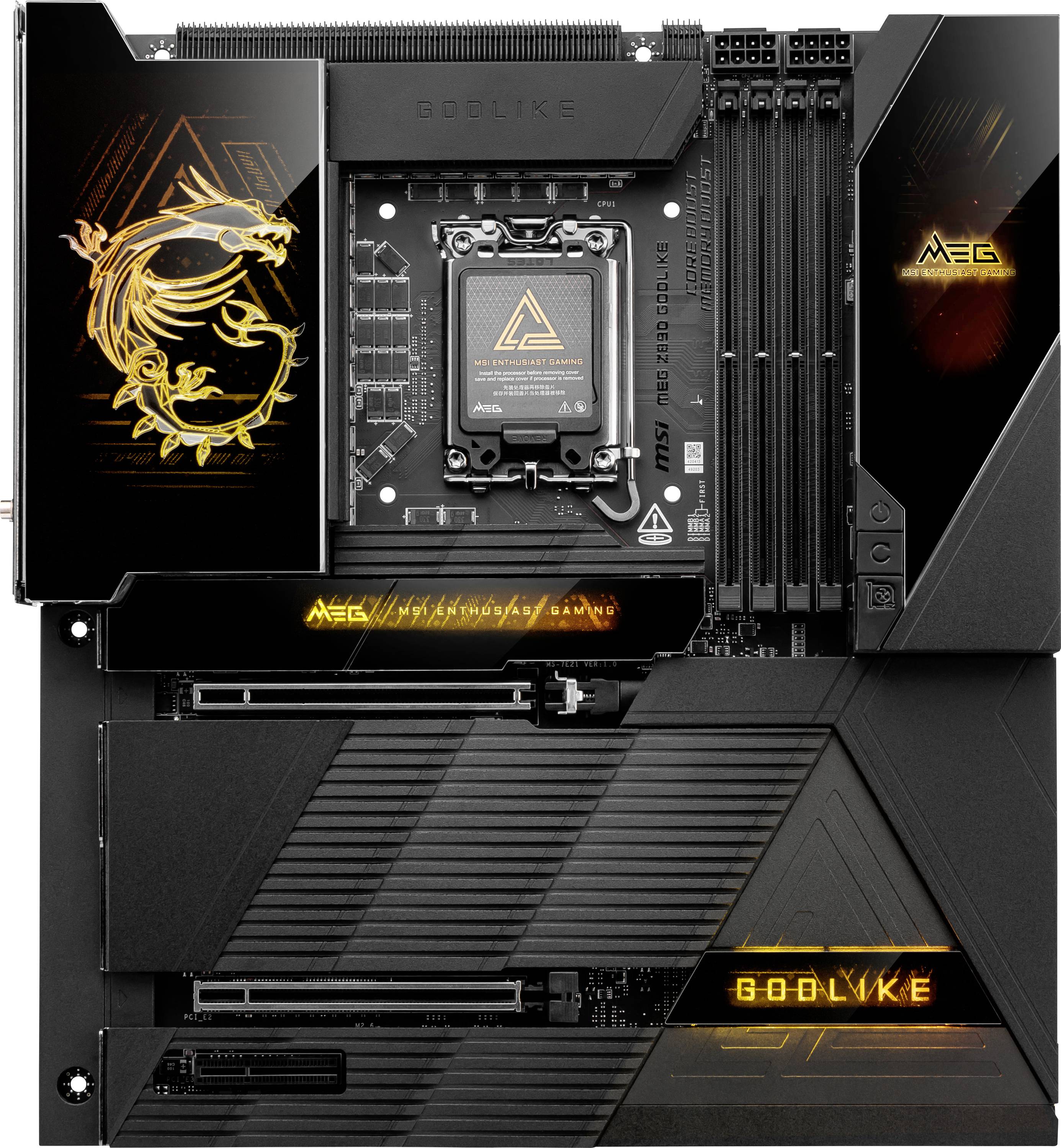 Scheda madre da gaming nera con accenti dorati e motivo a drago. Include più slot RAM e dissipatori di calore avanzati.