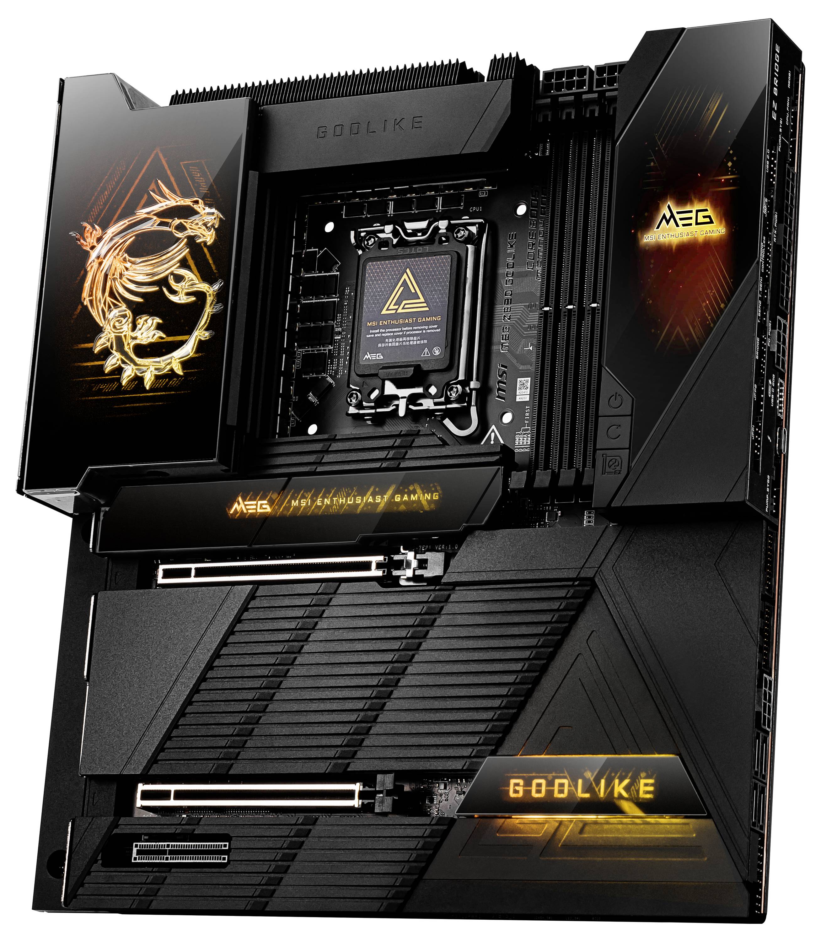 Una scheda madre da gaming nera con accenti e simboli dorati. Denominazione del modello 'GODLIKE' visibile. Componente principale di un computer.