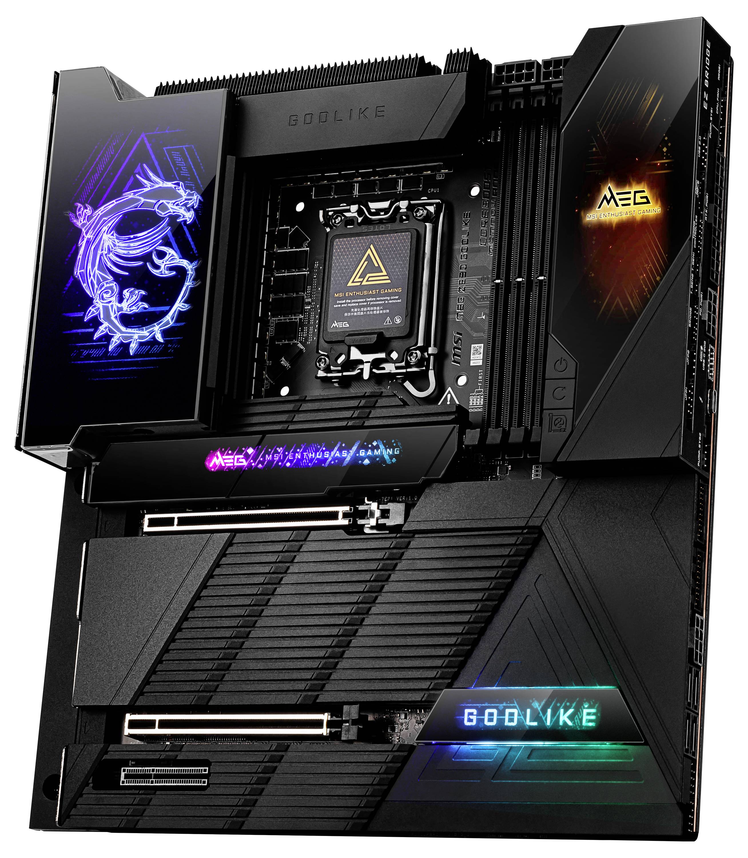 Una scheda madre per computer con diversi LED RGB che illuminano le parole 'GODLIKE' e 'MEG'. In alto a sinistra, un logo di un drago illuminato.