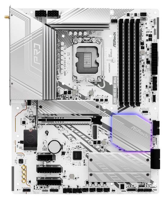 Una scheda madre per computer in formato ATX con vari slot e connettori, tra cui slot PCIe, banchi di memoria RAM e header USB.