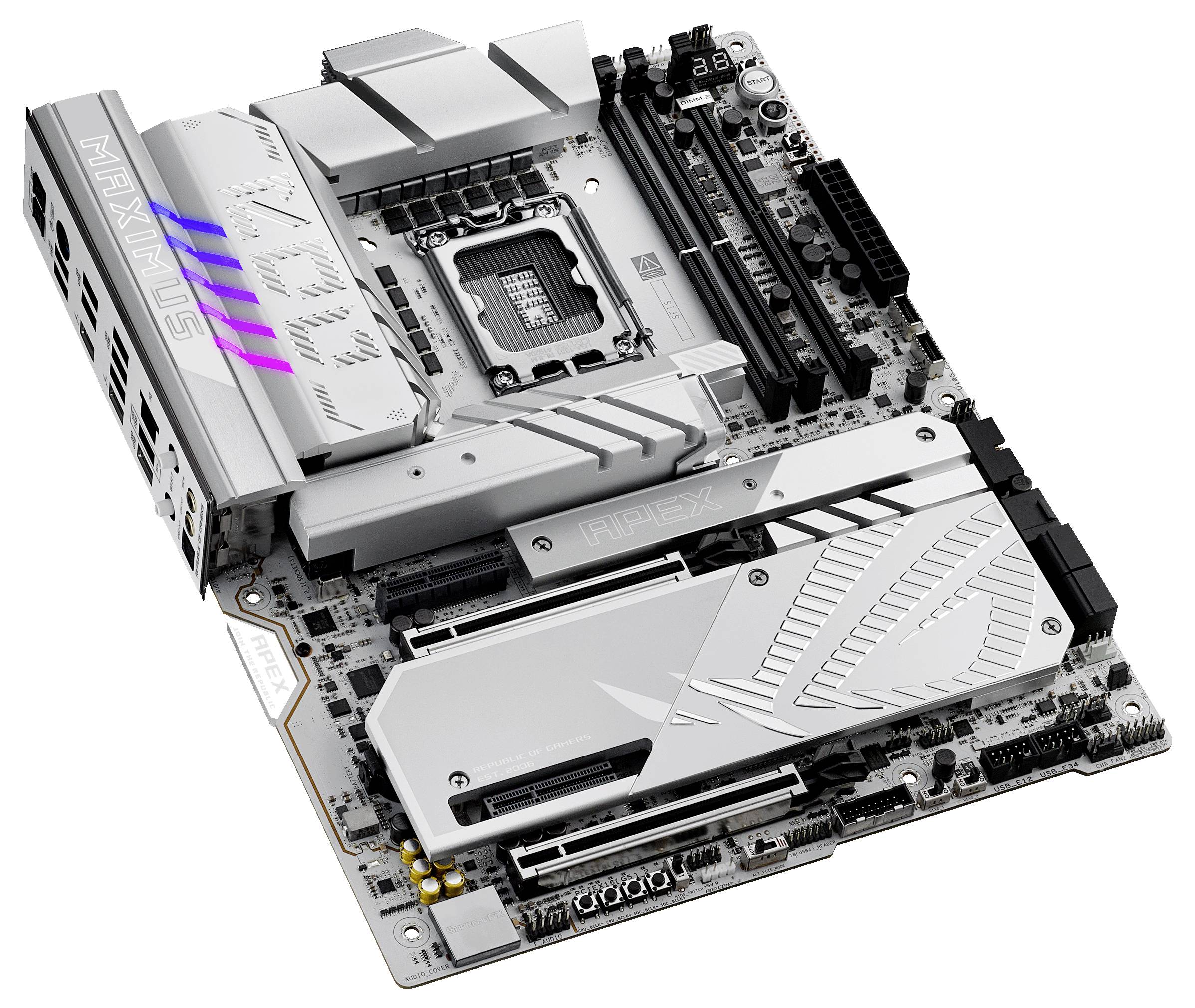 Scheda madre per computer con design argentato e illuminazione LED. Mostra diversi slot per componenti ed è ottimizzata per il gaming.