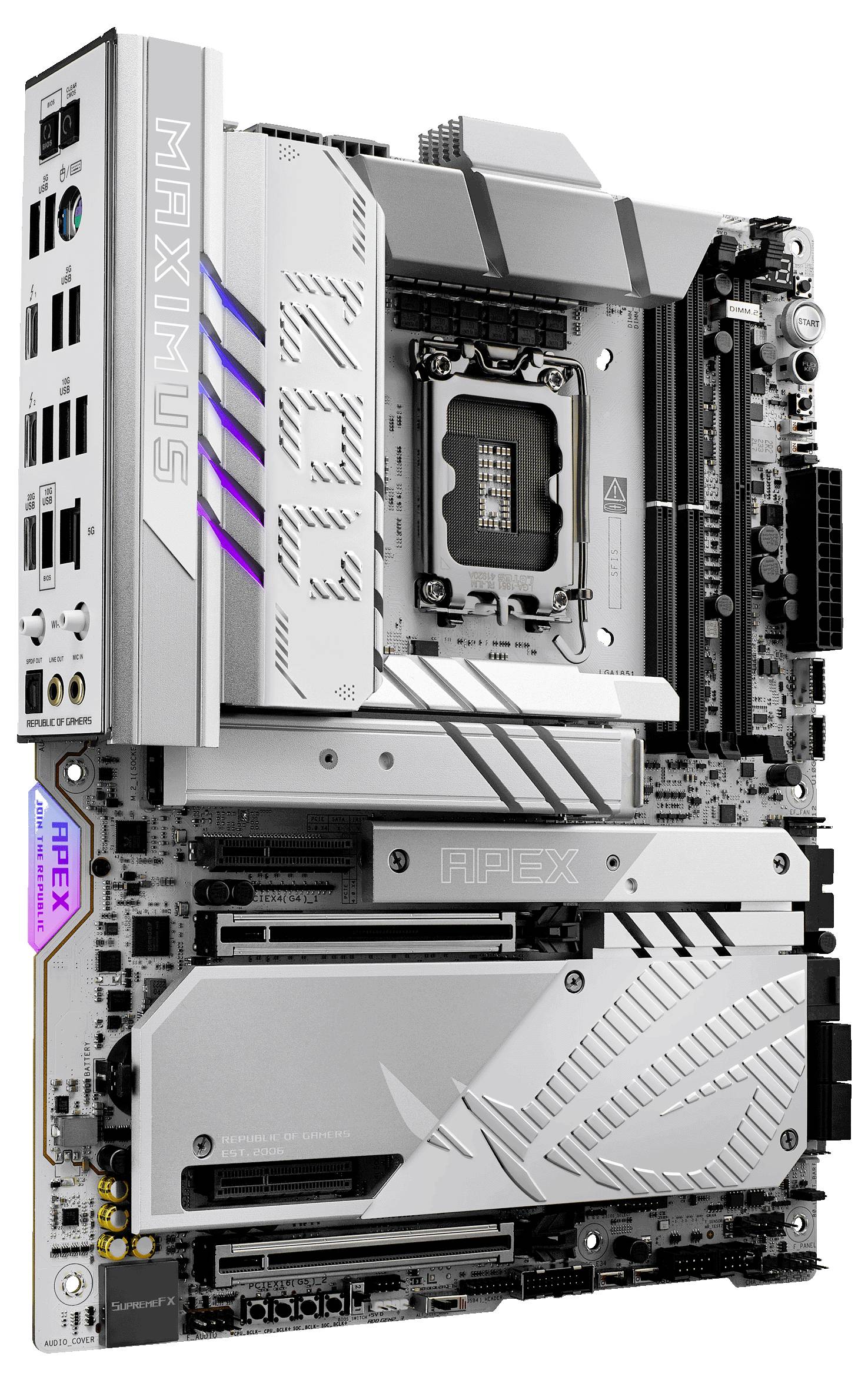 Scheda madre per computer in argento e grigio con molteplici connettori e dissipatori di calore per processori ad alte prestazioni e funzionalità avanzate.
