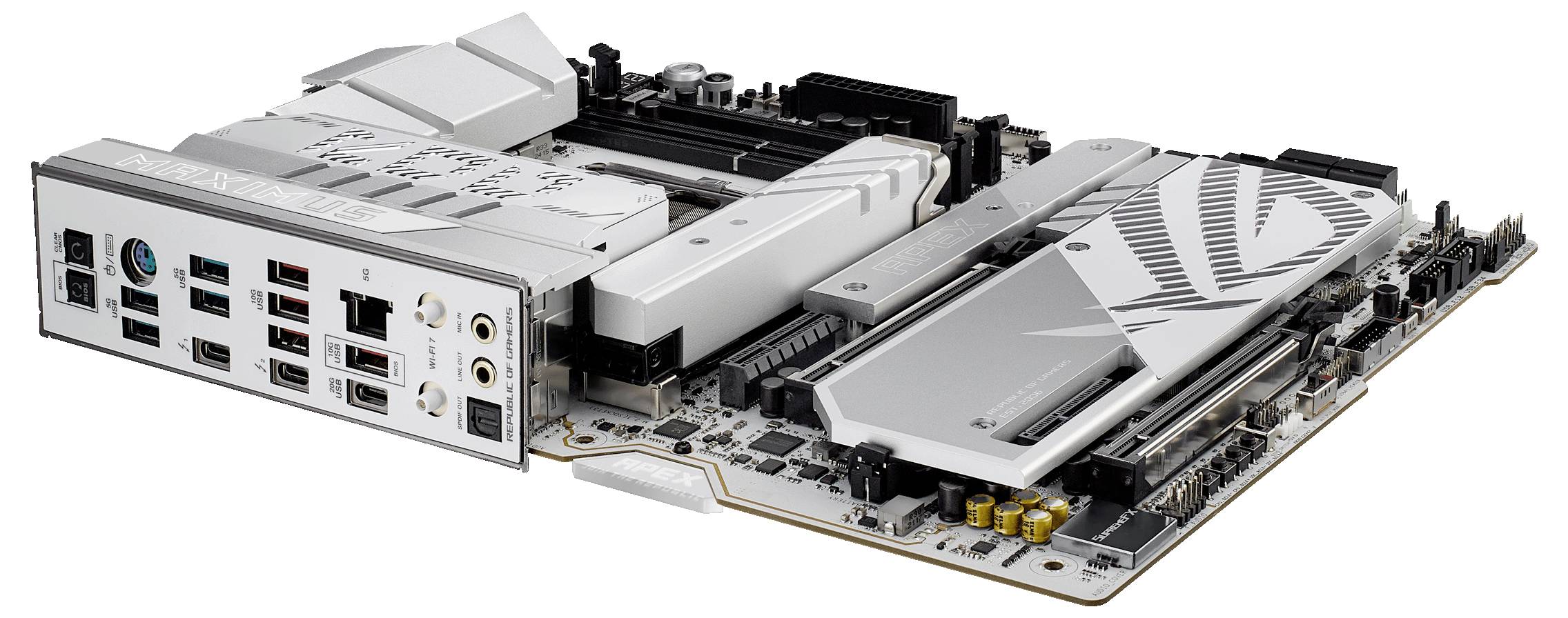 Scheda madre bianca per computer con diversi connettori e slot, tra cui porte USB, connettori audio e slot PCIe.