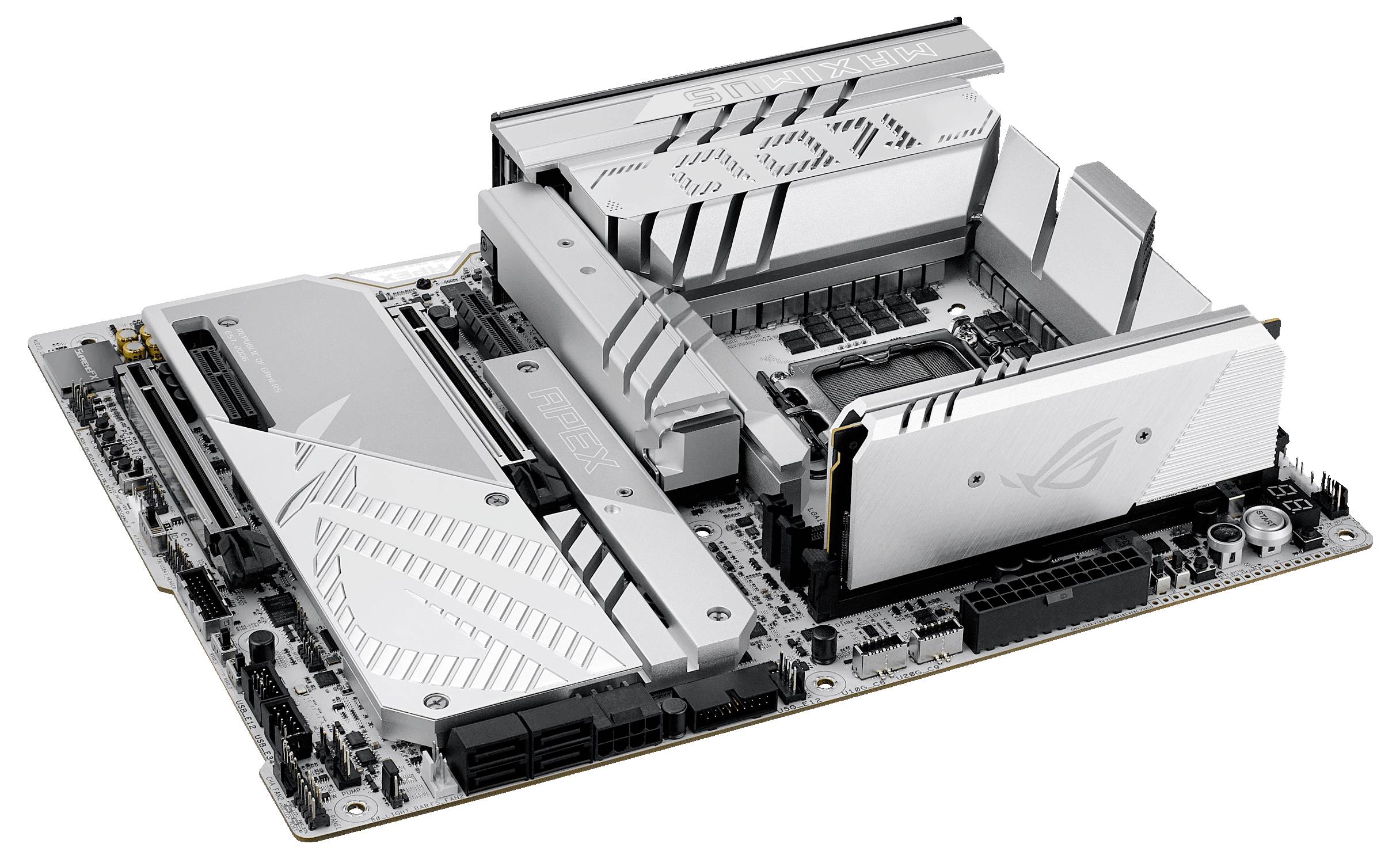 Una scheda madre d'argento con diversi slot e dissipatori di calore, adatta per installazioni di hardware PC moderne.
