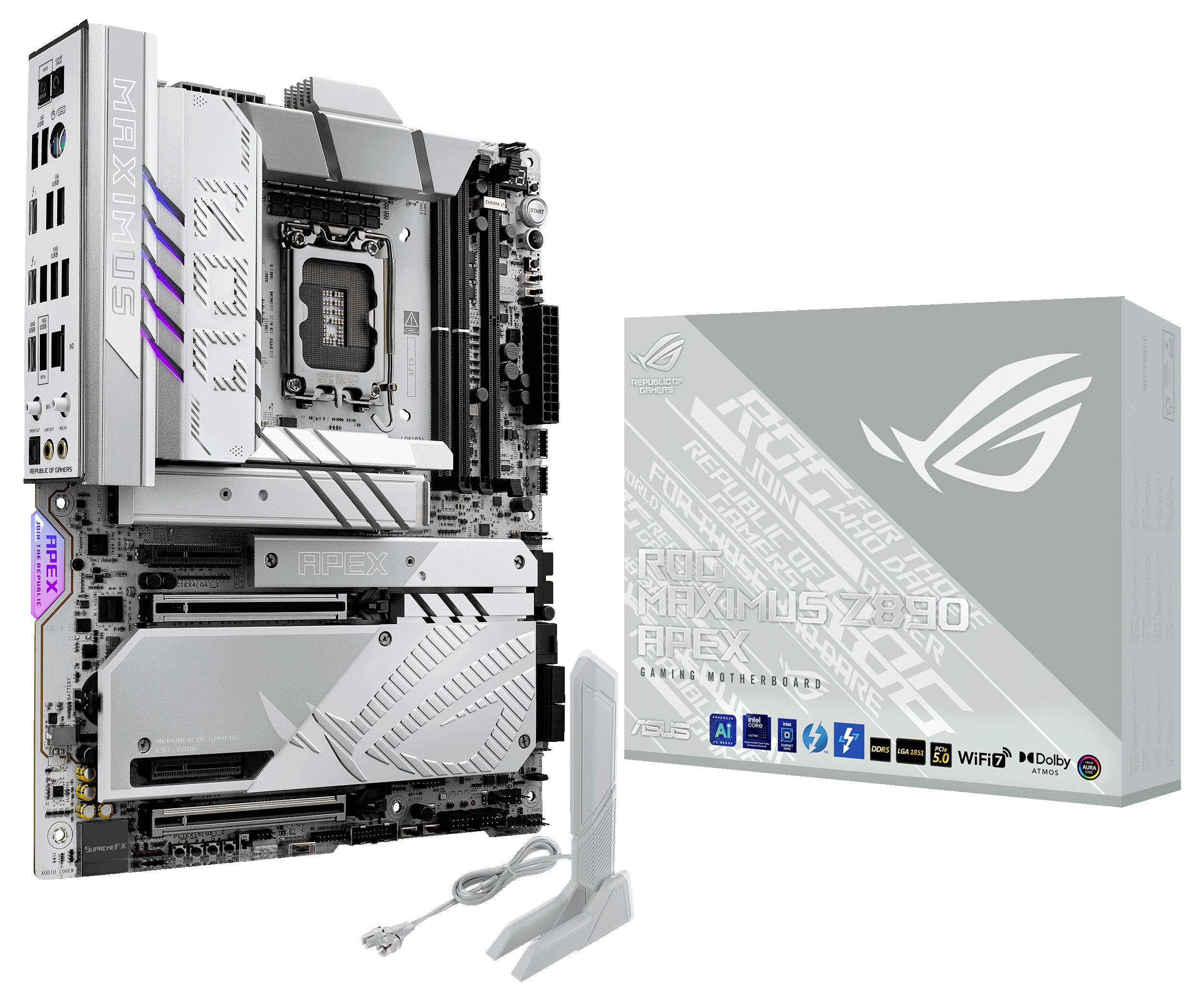 L'immagine mostra una scheda madre ROG Maximus Z790 Apex con una colorazione argento e grigia. Accanto è presente la relativa confezione.