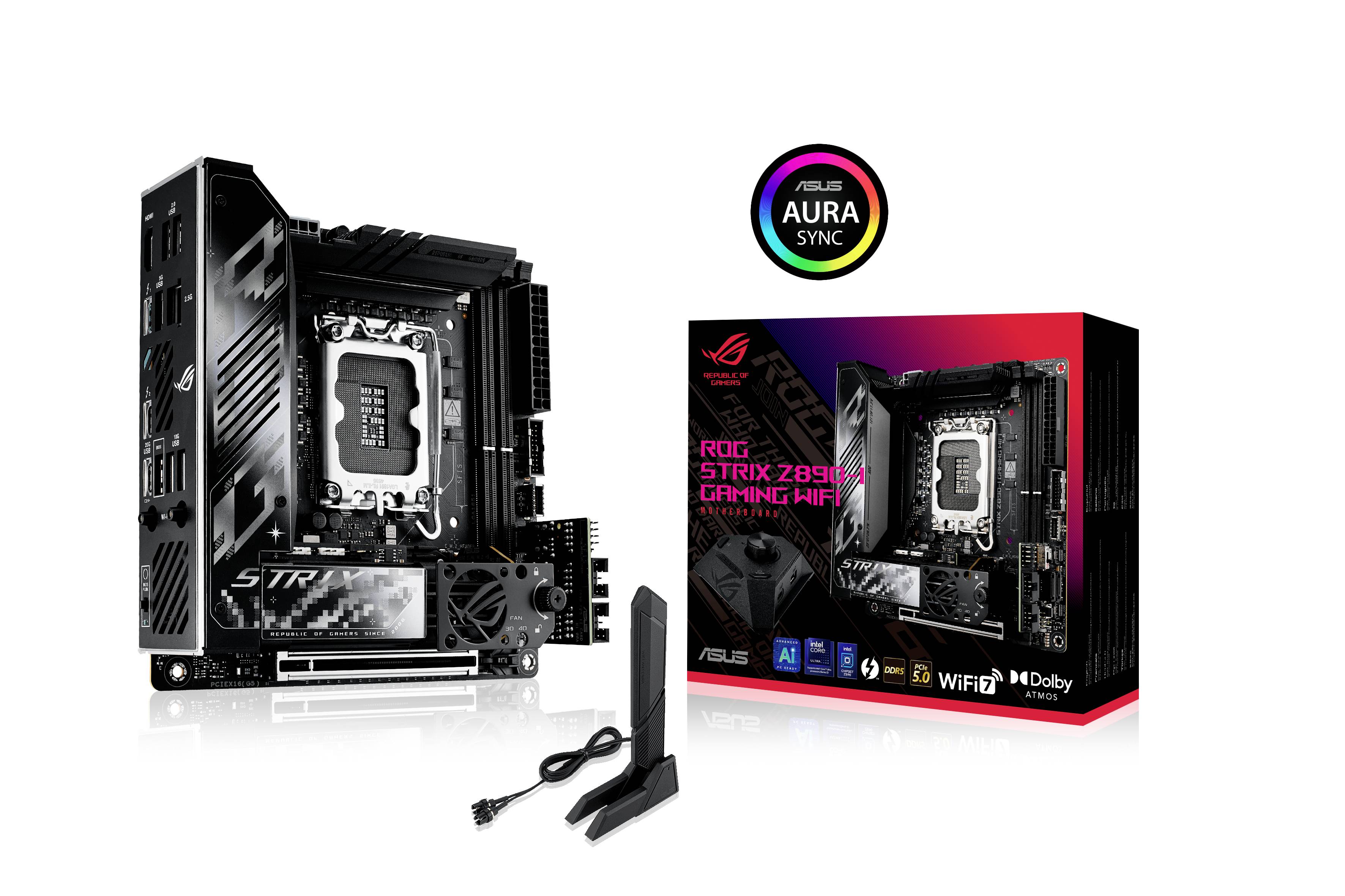 Una scheda madre ASUS ROG STRIX Z690-I Gaming WiFi accanto alla sua confezione. La confezione mostra il design e il logo Aura-Sync.