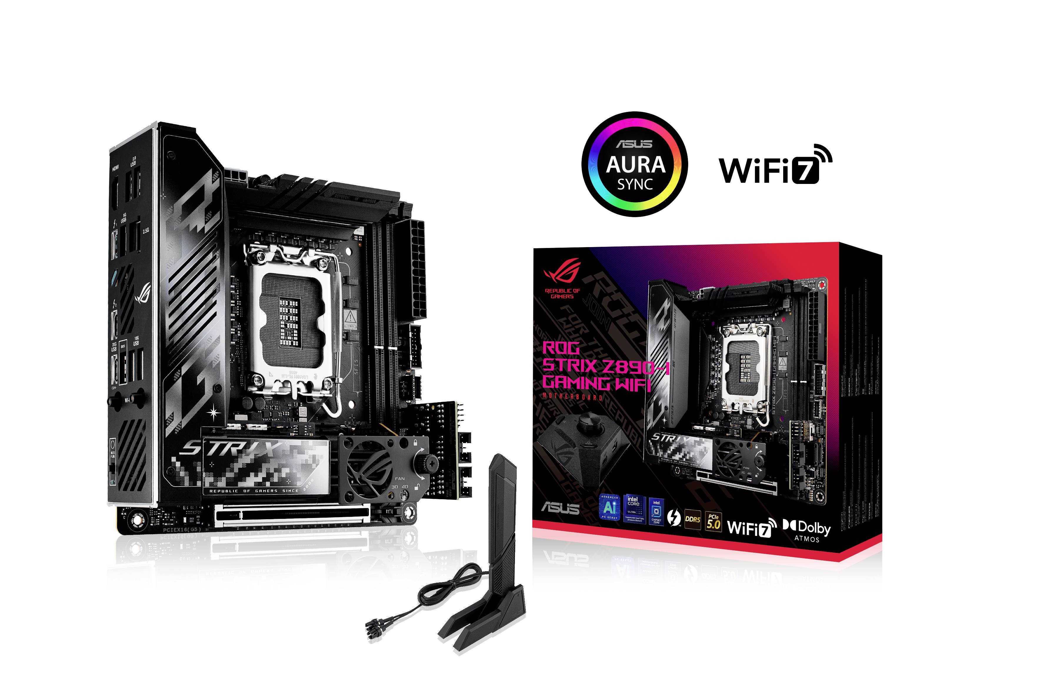 Scheda madre e confezione del brand Asus ROG Strix Z890-I Gaming WiFi 7, con tecnologie supportate: WiFi 7, Aura Sync.