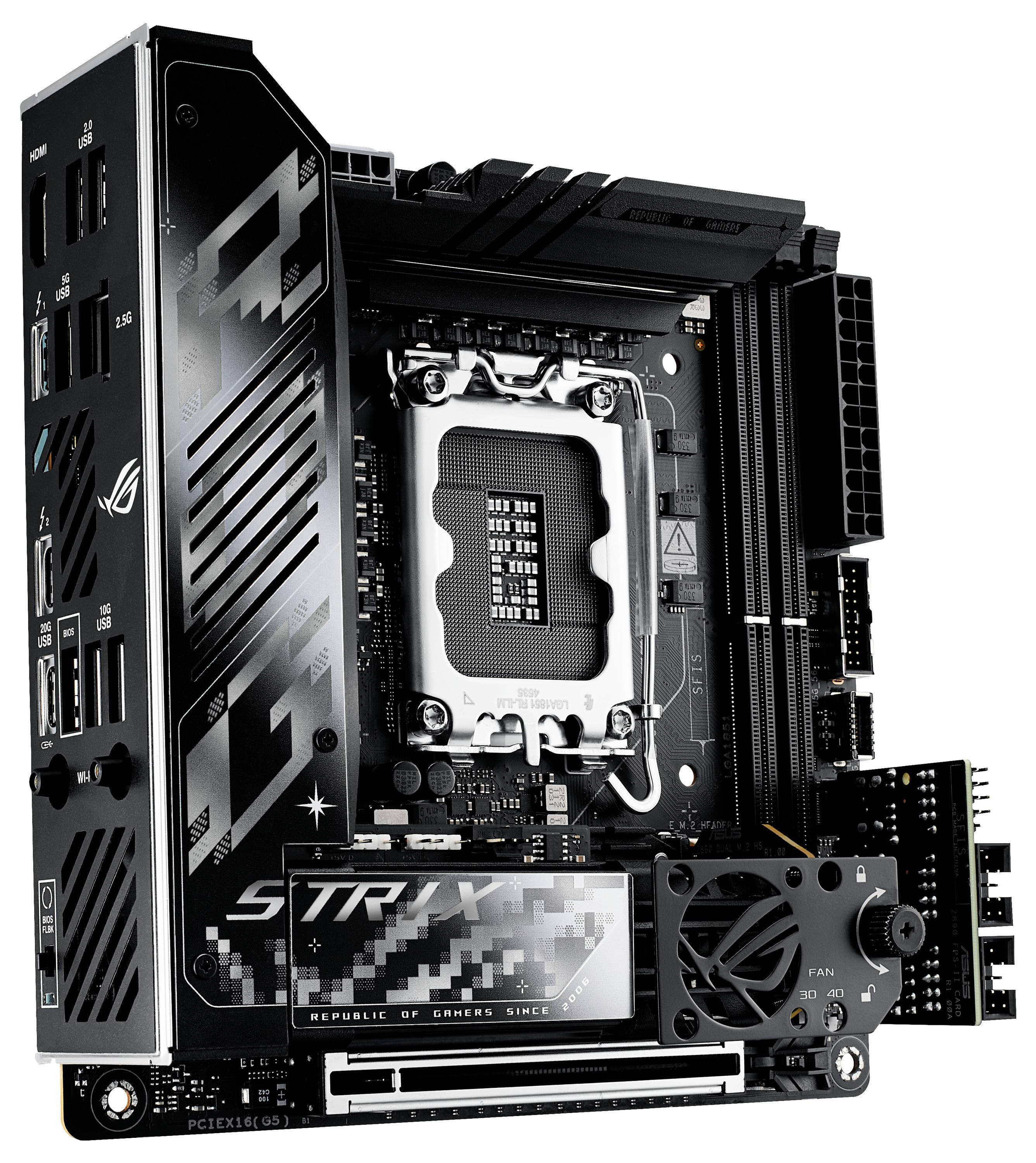 Una scheda madre gaming nera con molteplici opzioni di connettività e un design distintivo, adatta per configurazioni PC ad alte prestazioni.