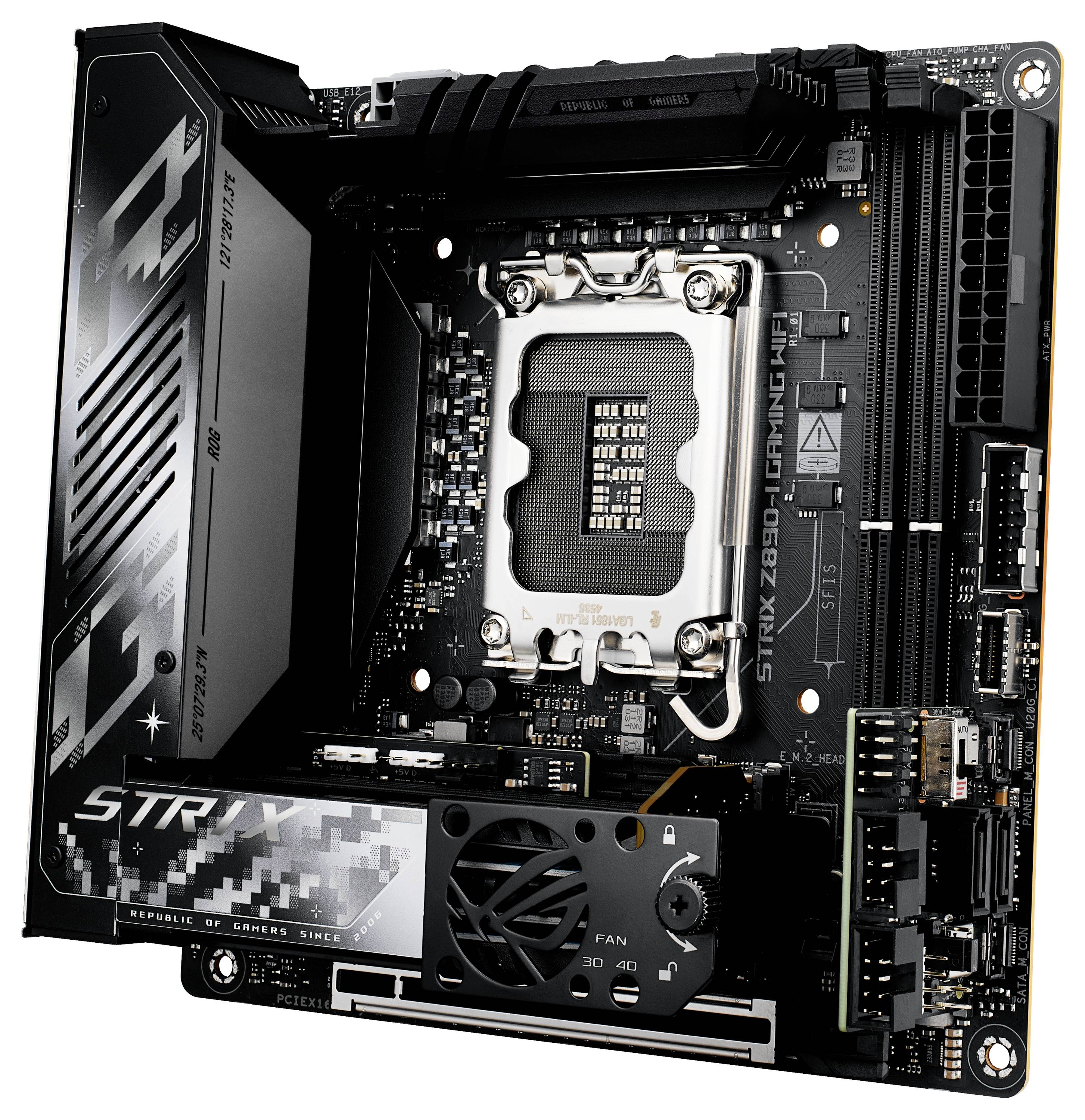 Una scheda madre per computer con elettronica dettagliata e un socket per CPU al centro, circondato da vari connettori e componenti.
