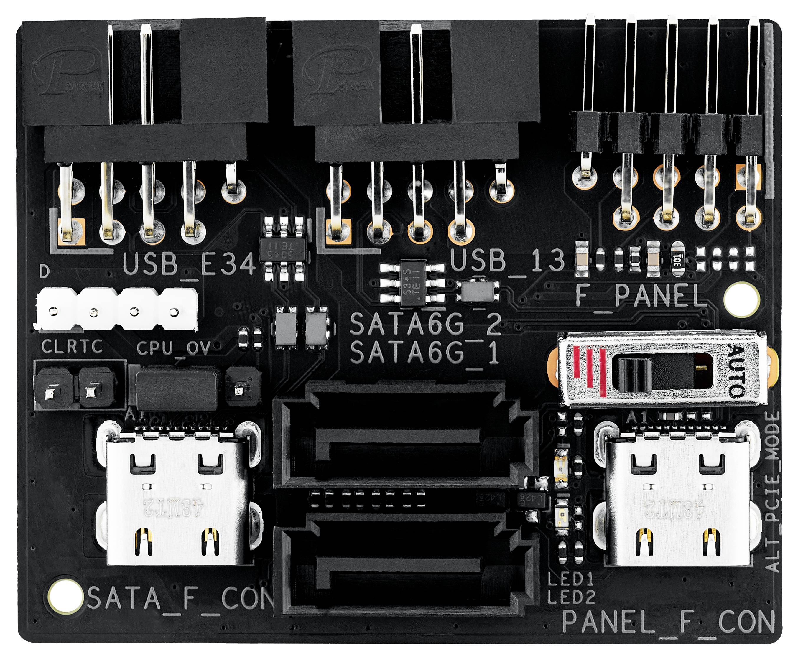Scheda madre per case per PC con porte USB-C e SATA, nonché elementi di controllo. Serve per ampliare le possibilità di connessione.