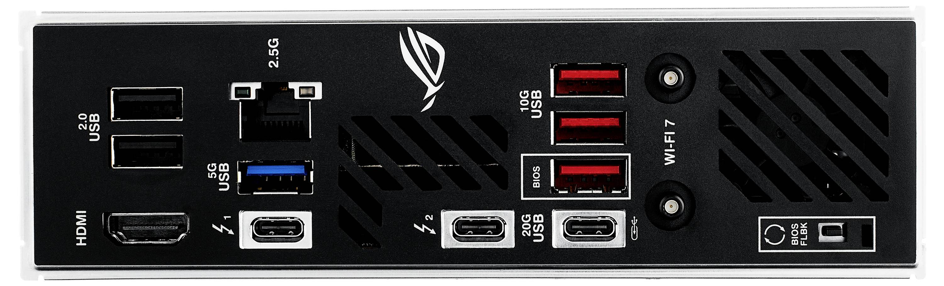 Retro di una scheda madre per PC con vari porte: USB, HDMI, Ethernet, Audio e compatibilità Wi-Fi 7.