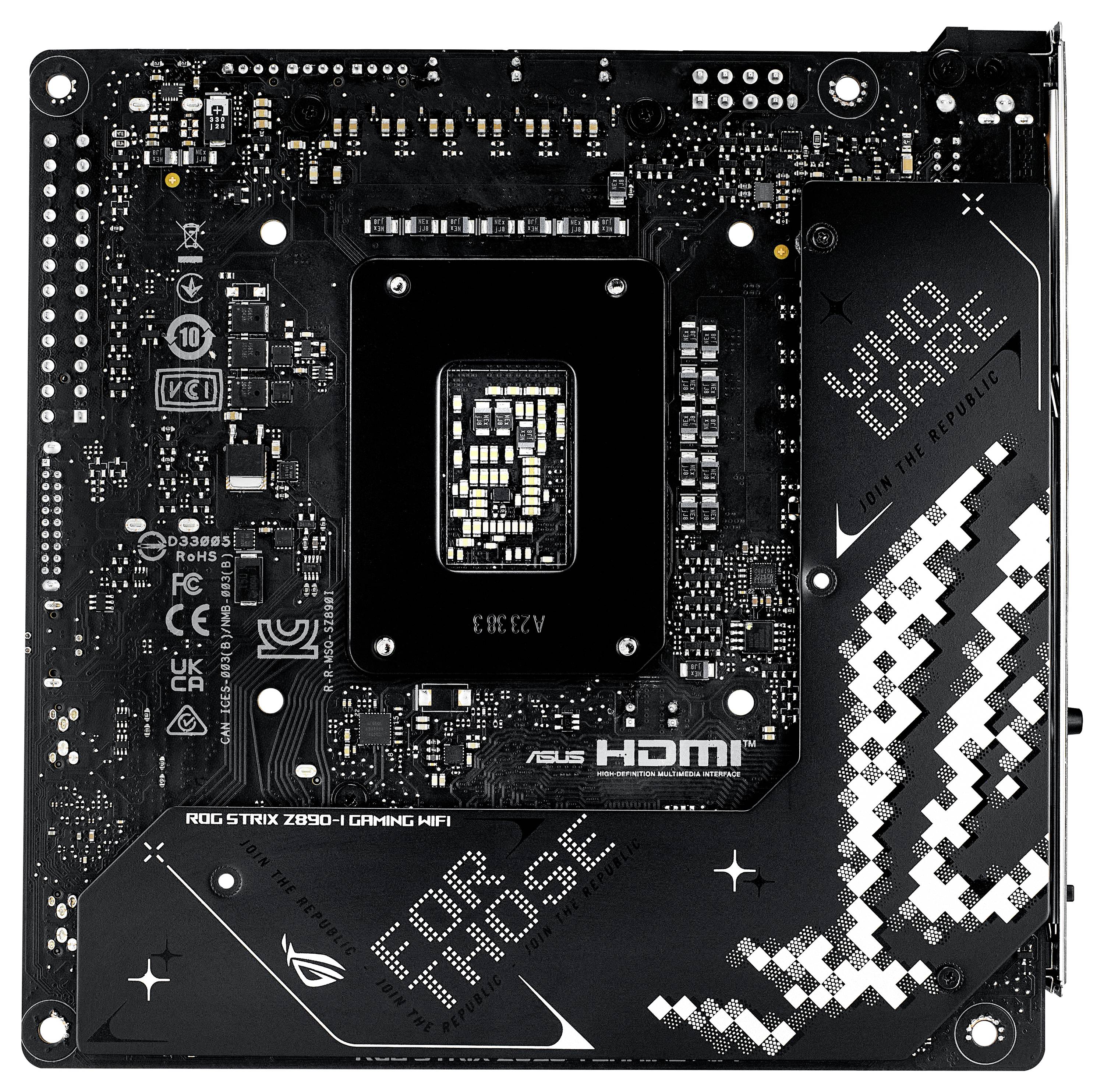 Una scheda madre nera con connettori e scritte come 'HDMI' e 'ROG STRIX Z490-I GAMING WIFI'.