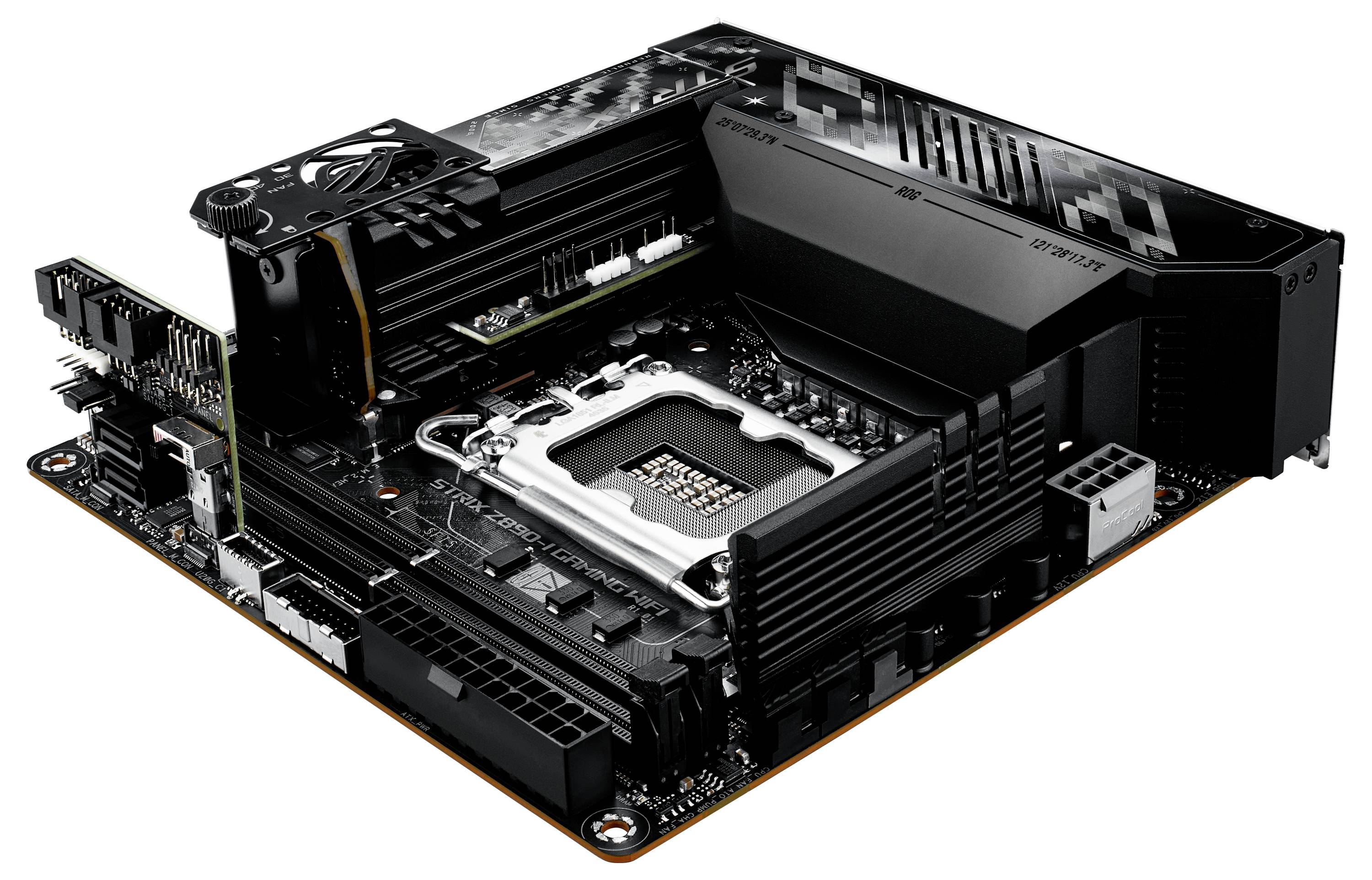 Una scheda madre per computer con un socket per CPU, diversi slot per RAM, dissipatori di calore e connettori per componenti hardware aggiuntive.