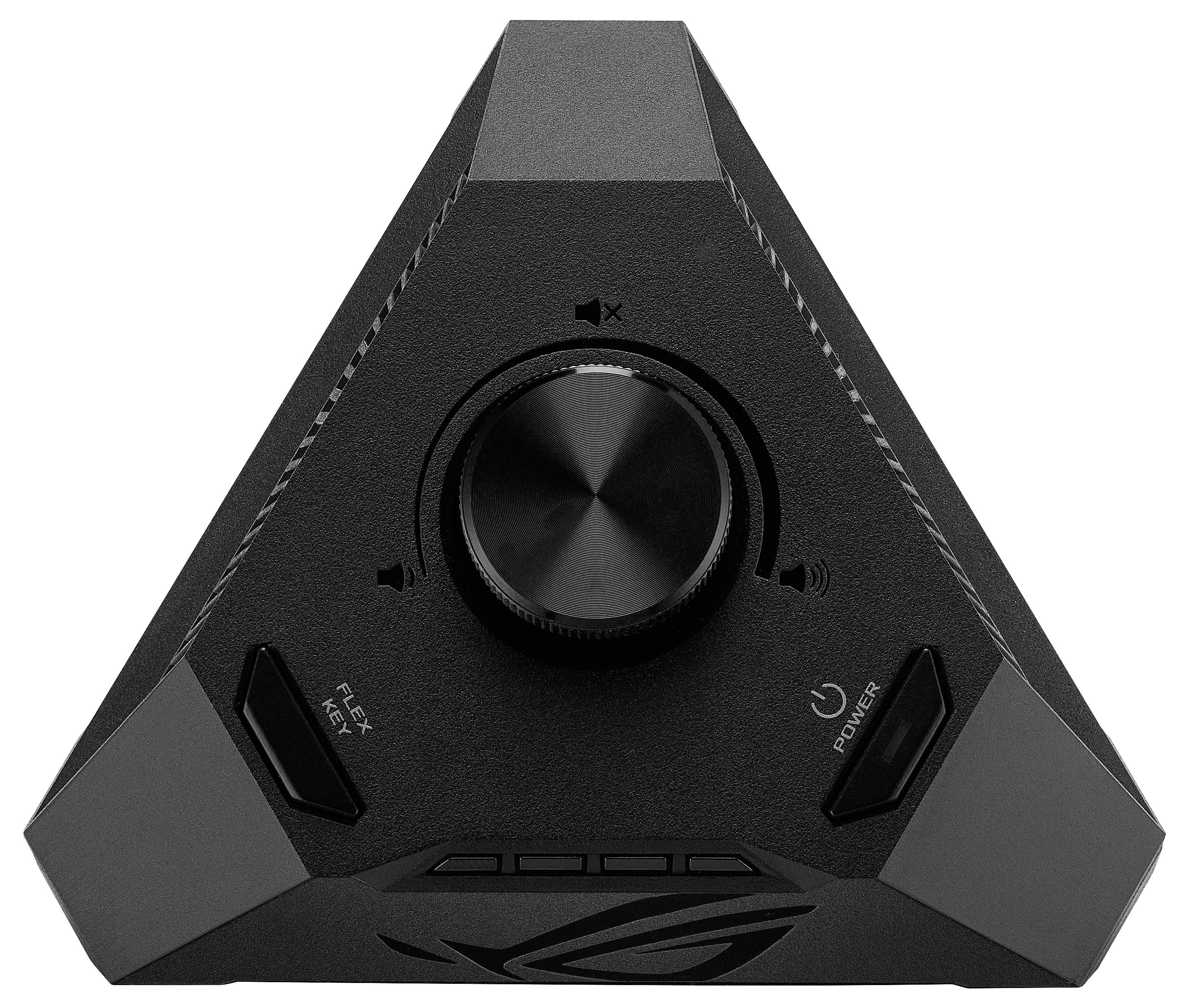 Un regolatore del volume triangolare con tasti 'Power' e 'Input', e un pomello centrale per il controllo del suono.