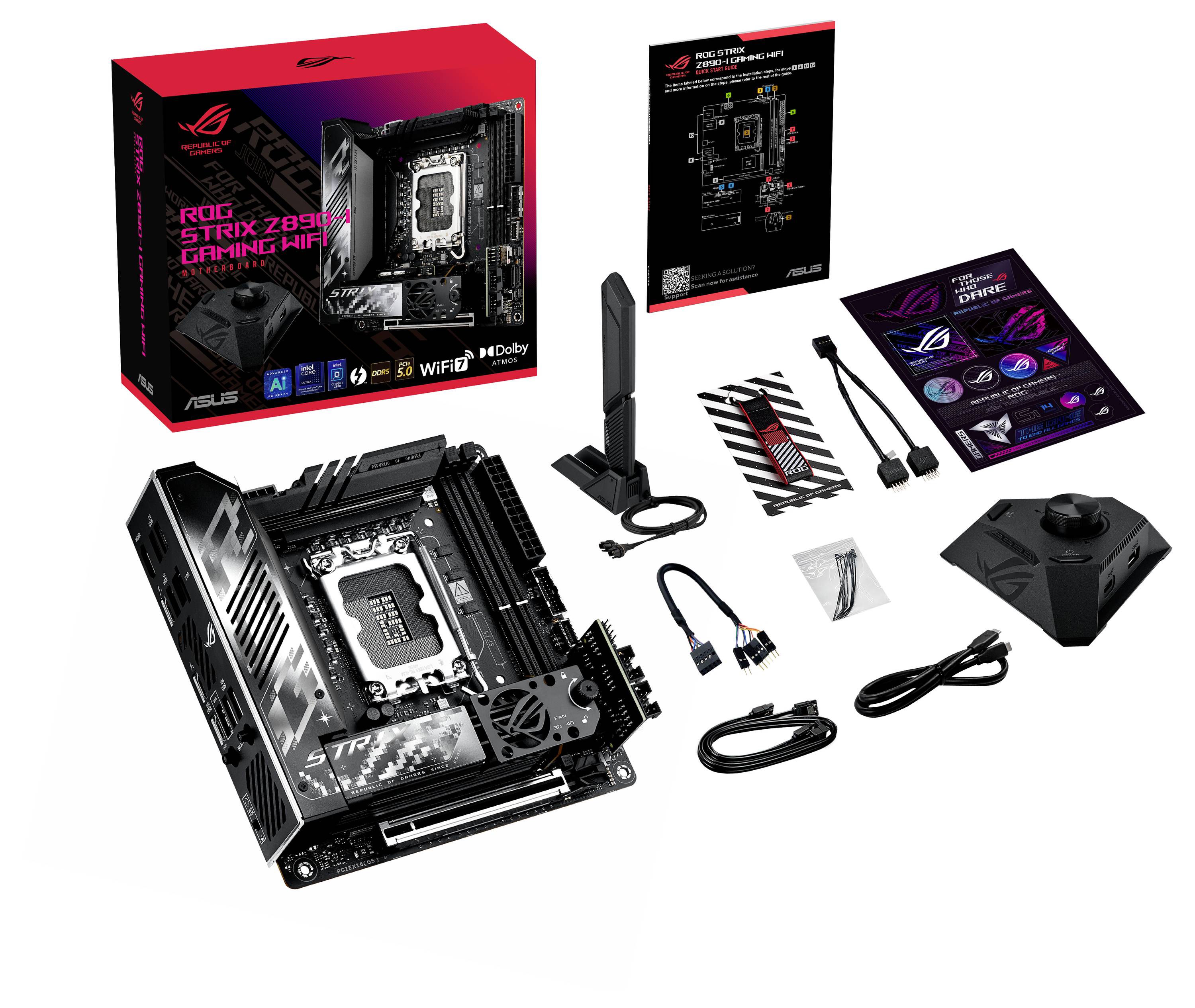 'ASUS ROG Strix Z690-I Gaming WiFi 6E Motherboard' con accessori: antenne, cavi e manuali, su uno sfondo bianco.