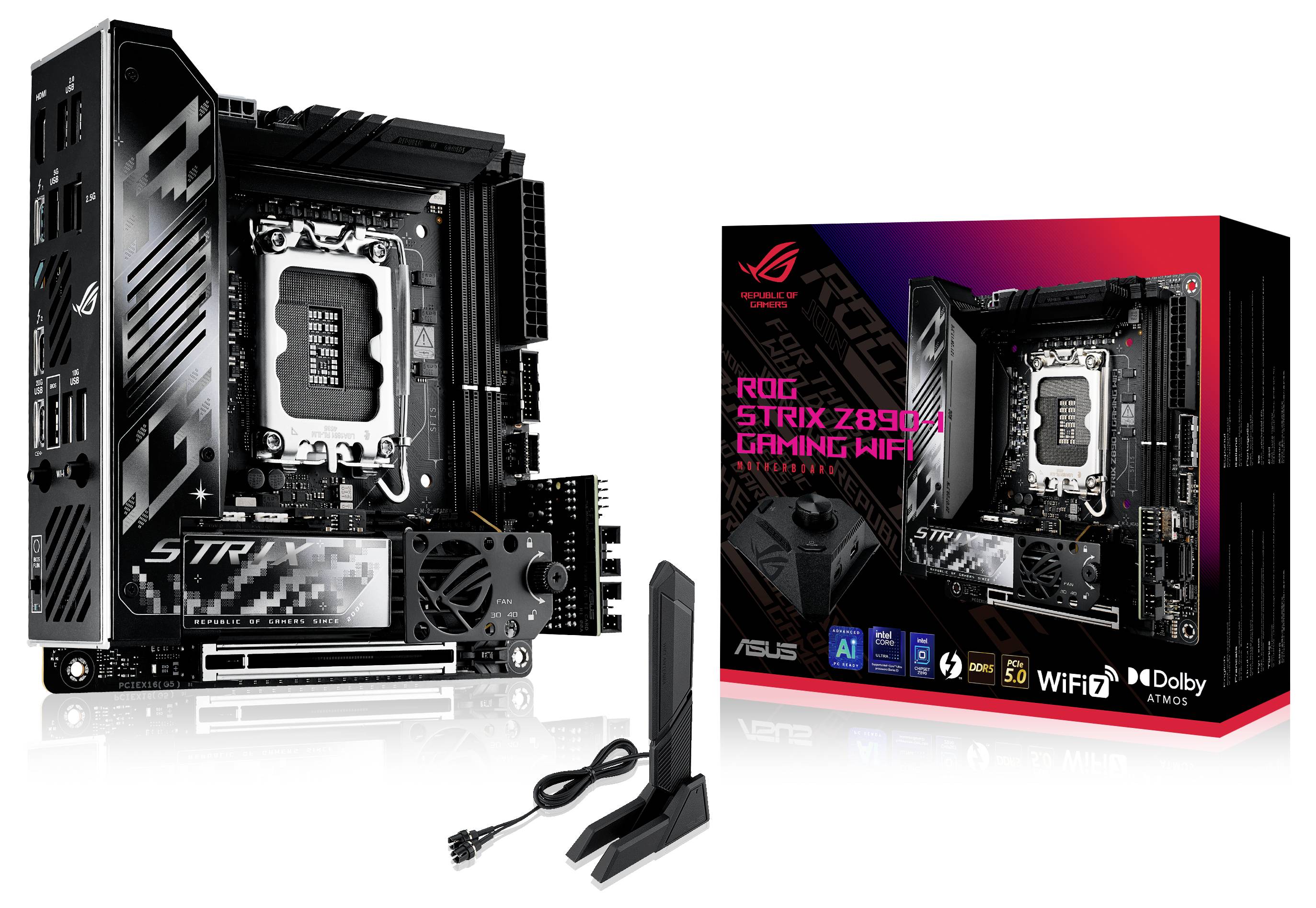 Scheda madre con WiFi integrato e confezione con la scritta 'ROG STRIX Z690I GAMING WIFI'. Contiene un adattatore.