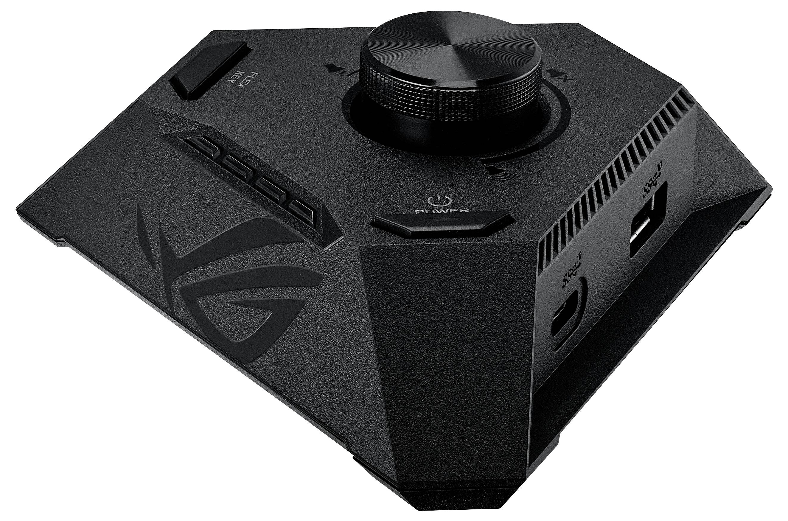 Un controller audio nero a forma esagonale con un grande manopola di regolazione, diversi ingressi e il logo sulla parte anteriore.
