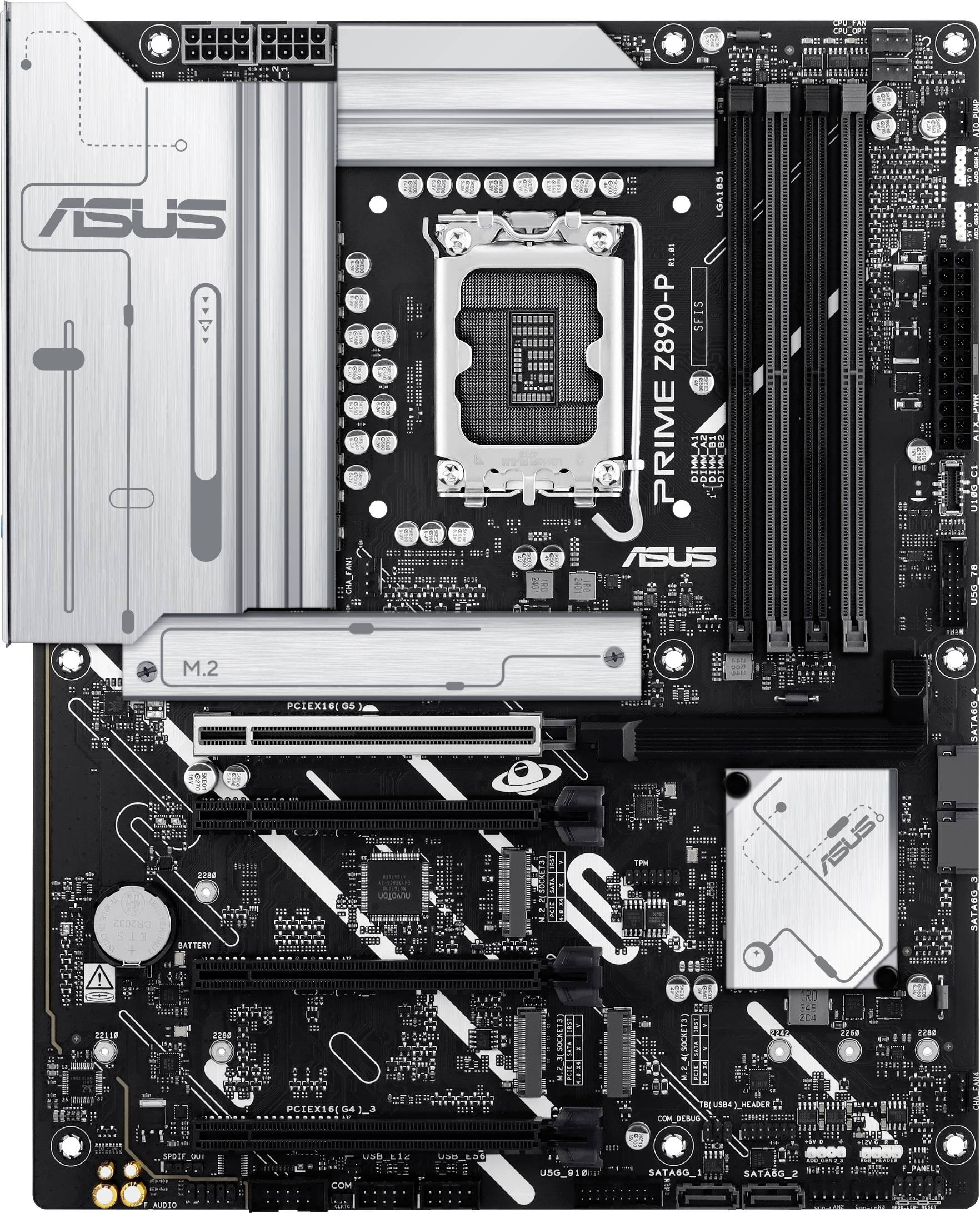 Scheda madre 'ASUS Prime Z690-P': Design nero con accenti argentati, idonea per RAM DDR5 e processori con socket LGA 1700.