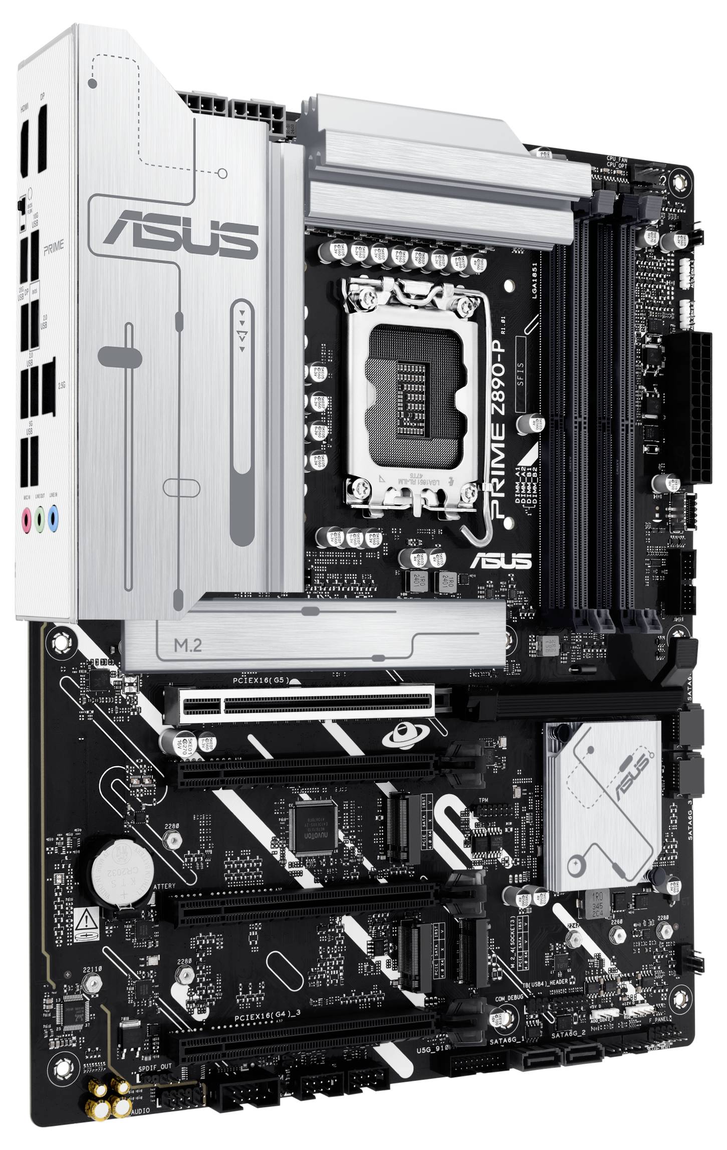 Una scheda madre ASUS, modello Prime Z690-P, con diversi slot PCIe, slot per RAM e un socket per CPU, supporta processori Intel.